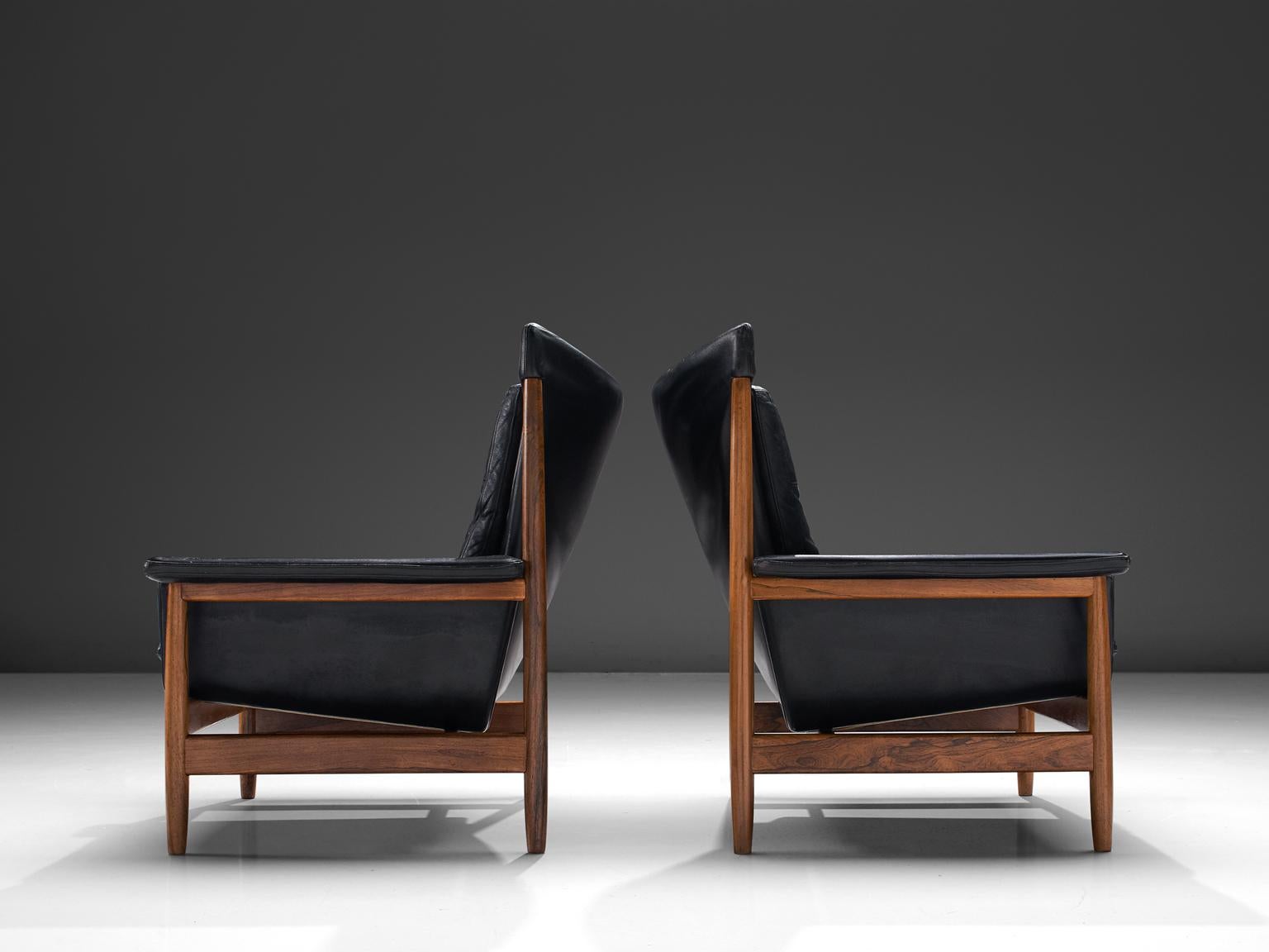 Illum Wikkelsø Lounge Chairs with Black Leather and Rosewood In Good Condition In Waalwijk, NL
