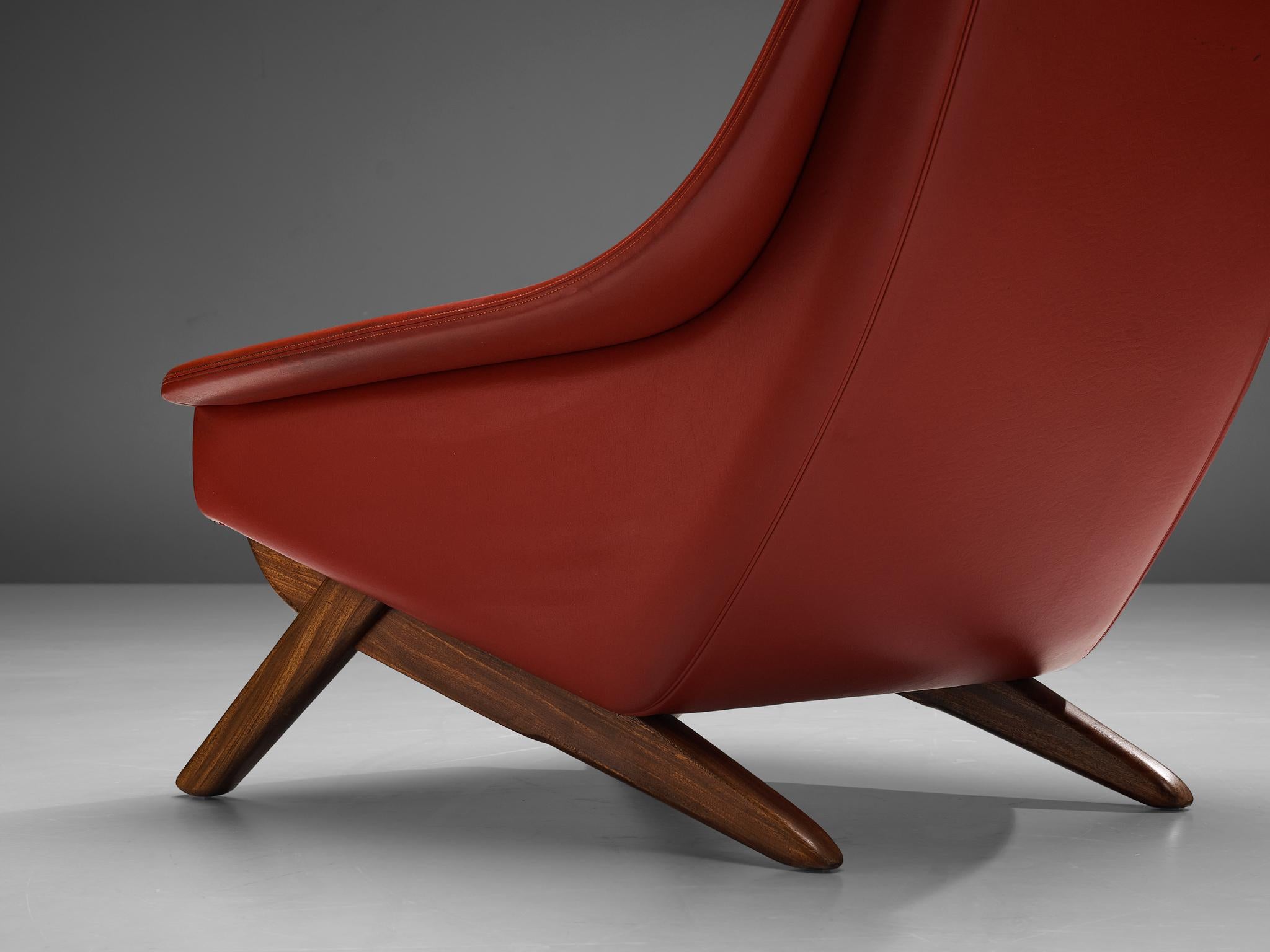 Danish Illum Wikkelsø Lounge Chair in Red Upholstery and Mahogany  For Sale