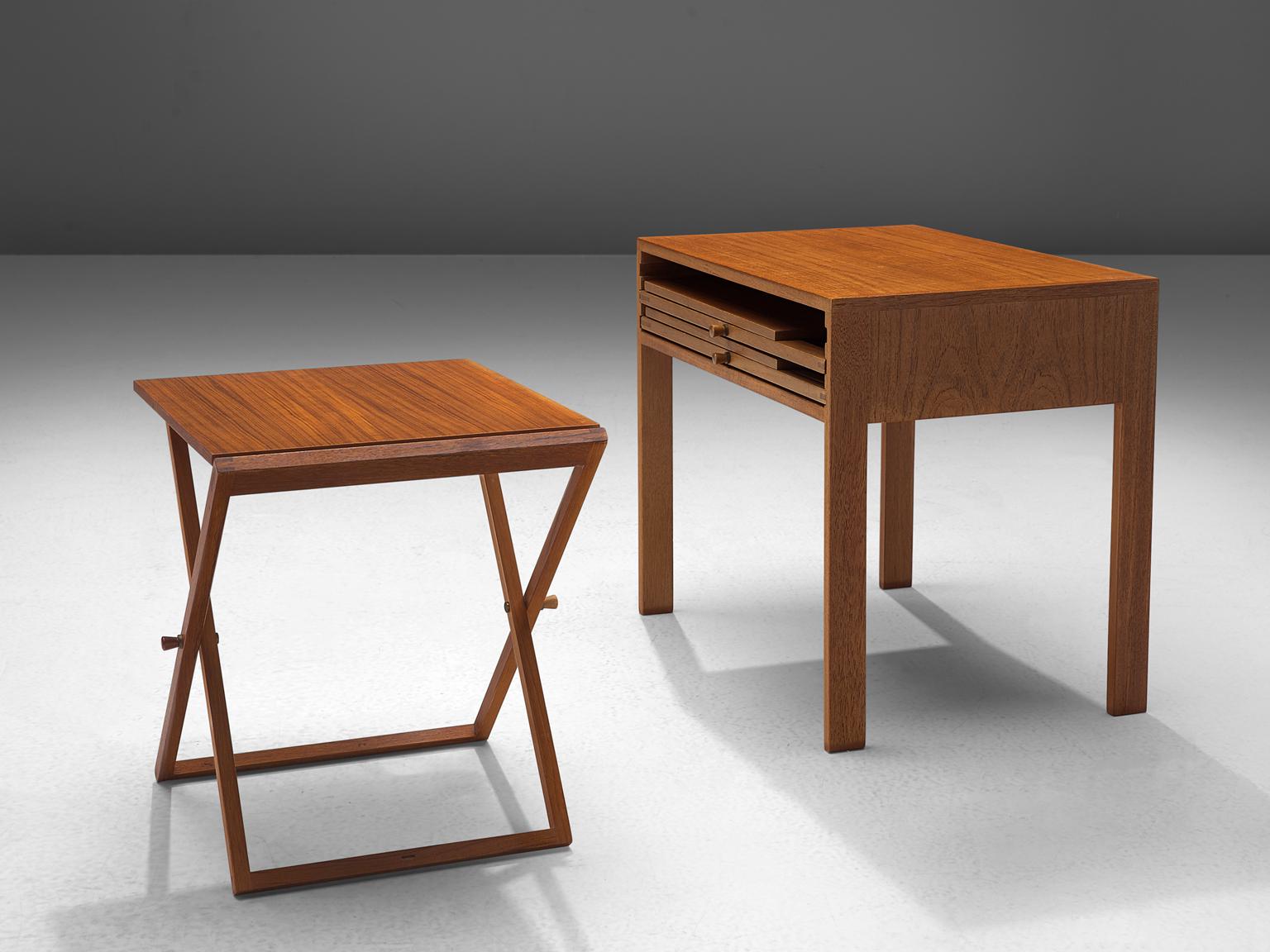 Illum Wikkelsø for Silkenborg, set of three side tables, oak and copper, Denmark, 1950s.

This set is designed by Illum Wikkelsø and made by cabinet maker Silkenborg. The table is executed in oak with detailing such as the hinges in copper. The