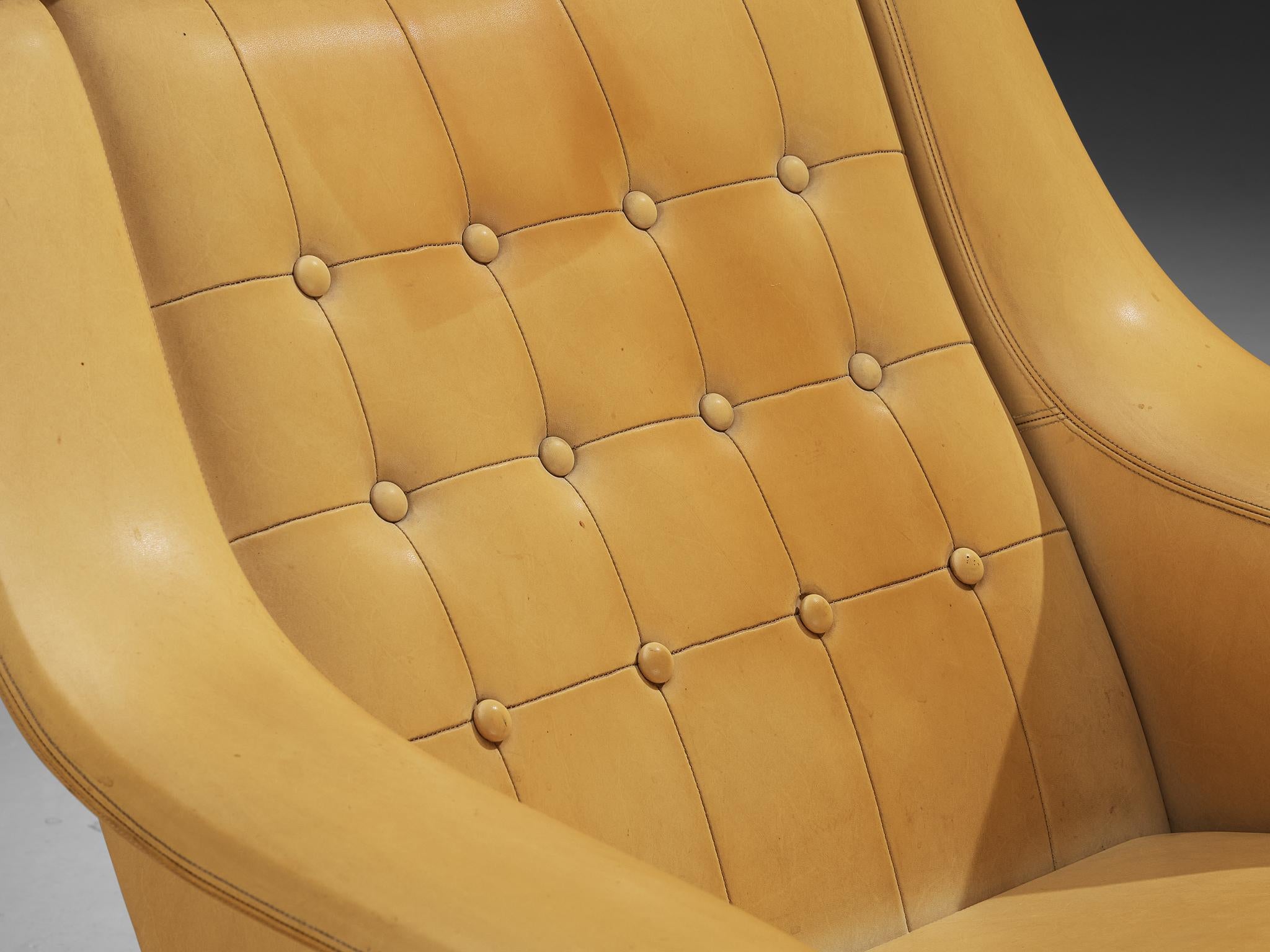 Faux Leather Illum Wikkelsø 'Ox' Easy Chair in Honey Yellow Upholstery and Walnut