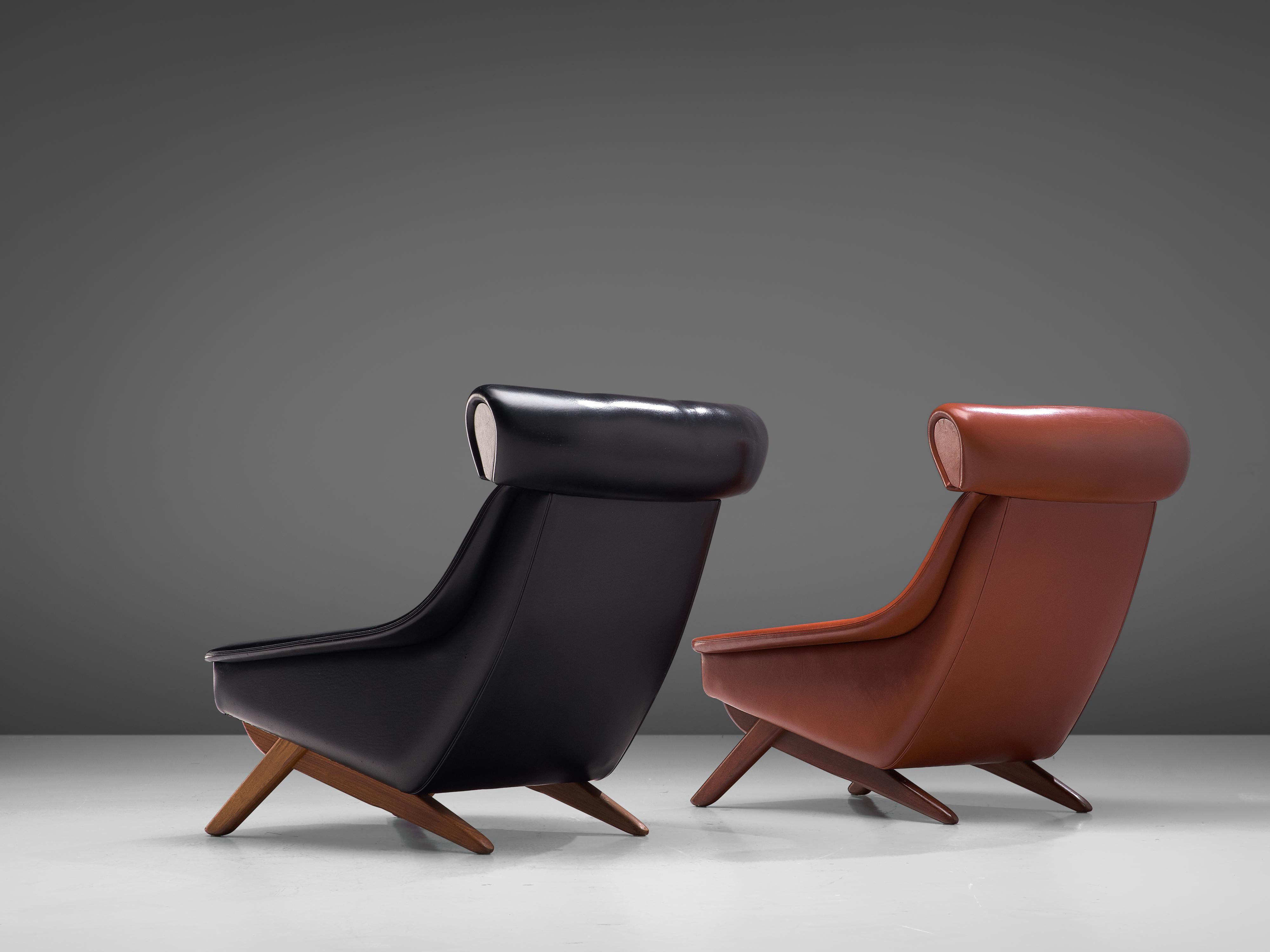 Illum Wikkelsø, lounge chairs model ‘Ox’, leatherette, wood, Denmark, 1960s

Due to the prominent horizontal headrest this lounge chair by Illum Wikkelsø is nicknamed ‘Ox’. In a way, it also visually refers to Hans J. Wegner’s ‘Ox’ chair (1960).