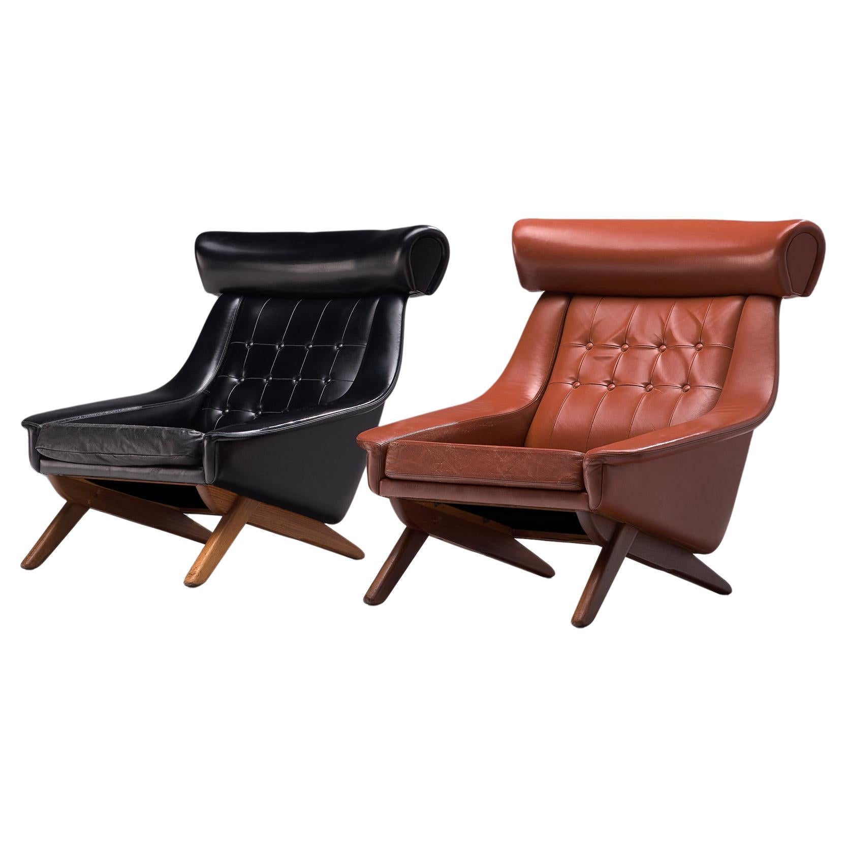 Illum Wikkelsø 'Ox' Lounge Chairs in Red Brown and Black Upholstery  For Sale