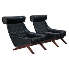 Illum Wikkelsø Pair of Easy Chairs in Black Upholstery and Teak