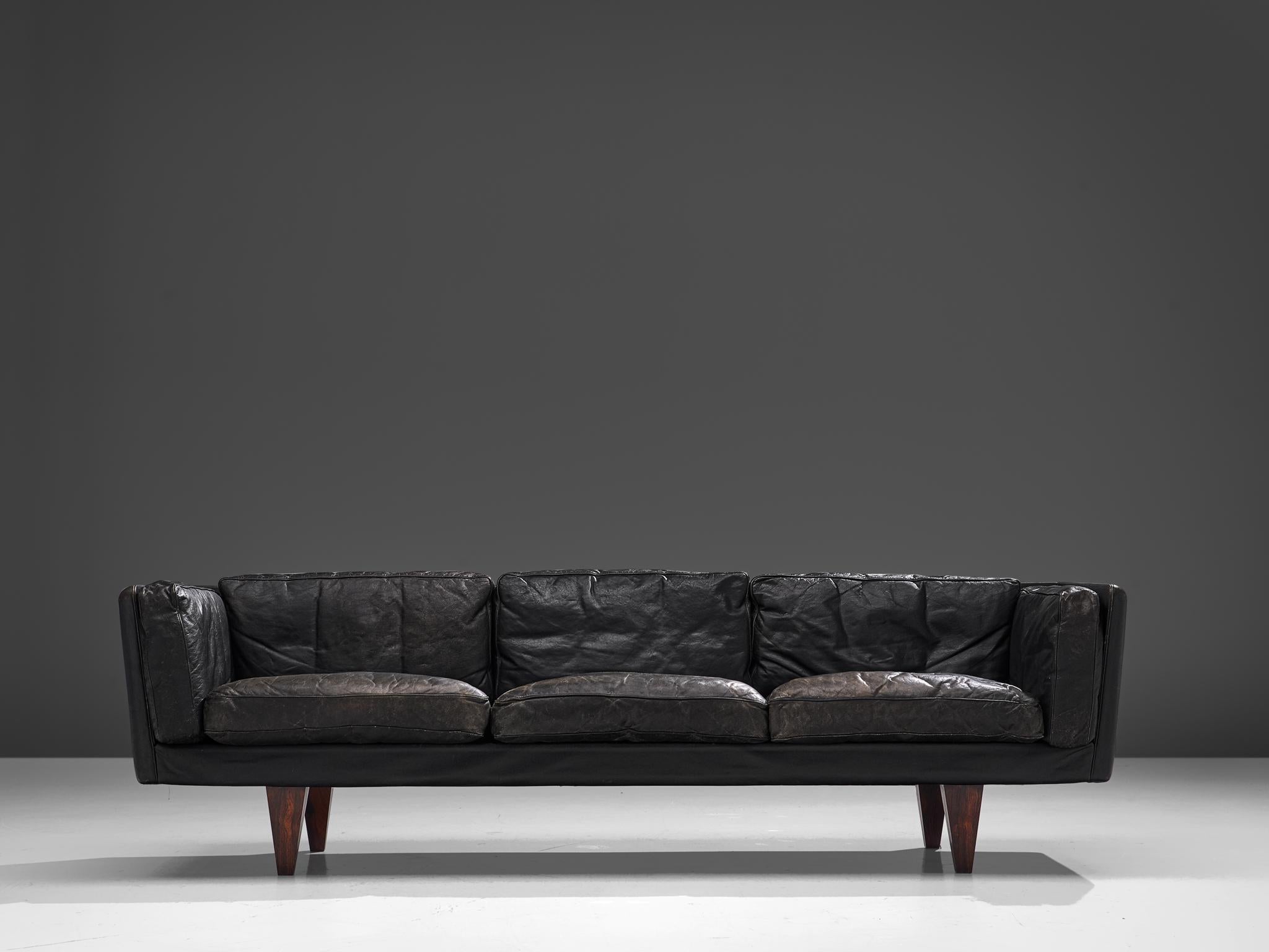 Scandinavian Modern Illum Wikkelsø Restored and Patinated 'V11' Sofa in Black Leather