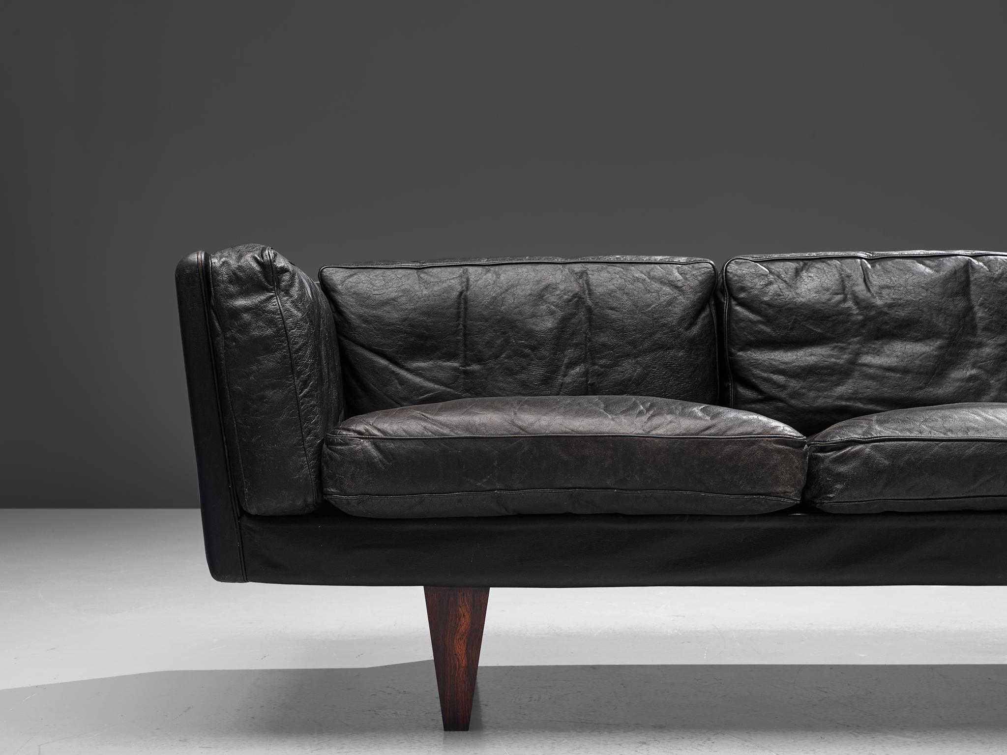 Danish Illum Wikkelsø Restored and Patinated 'V11' Sofa in Black Leather