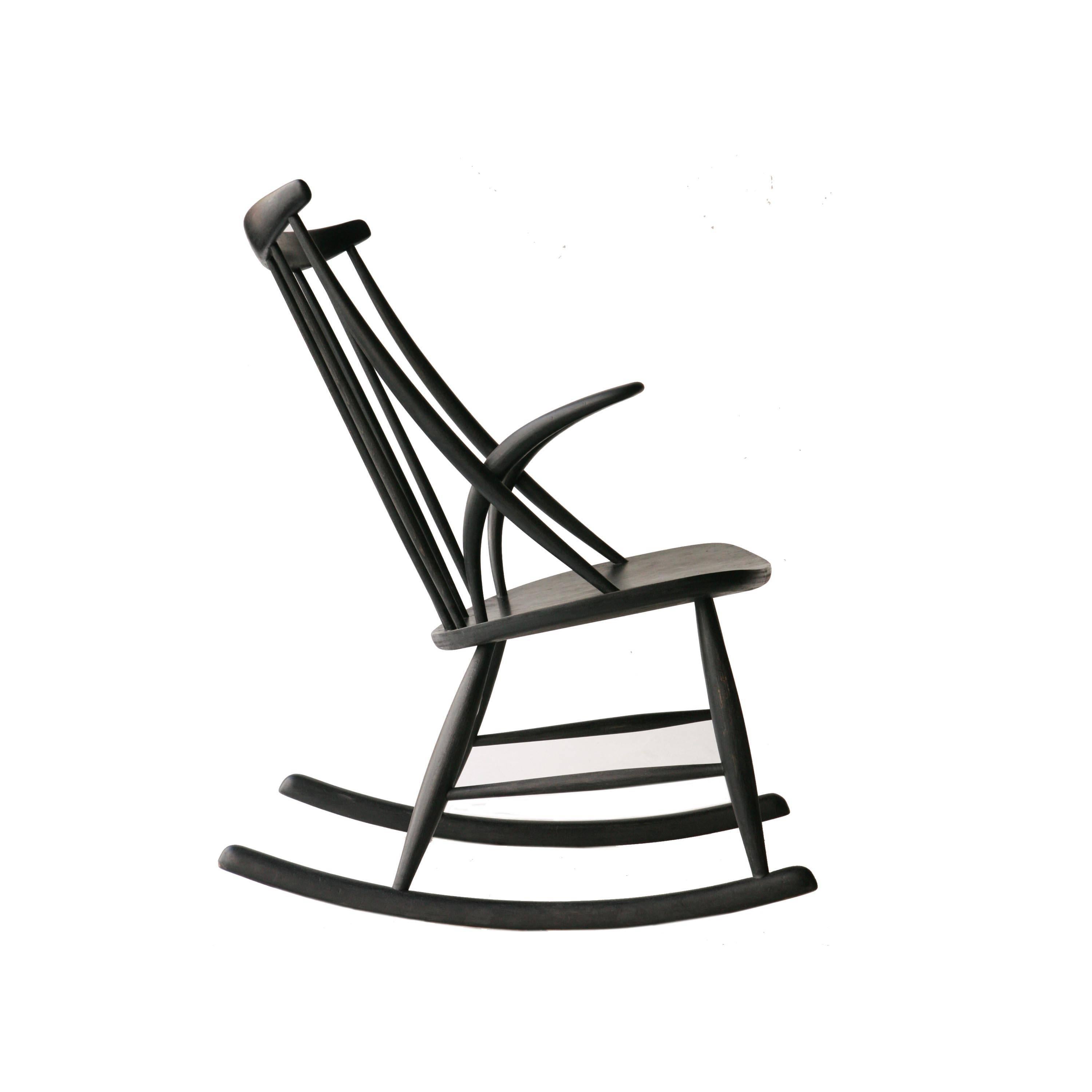 Mid-Century Modern Illum Wikkelsø Scandinavian Black Oak Danish Rocking Chair, Denmark, 1958