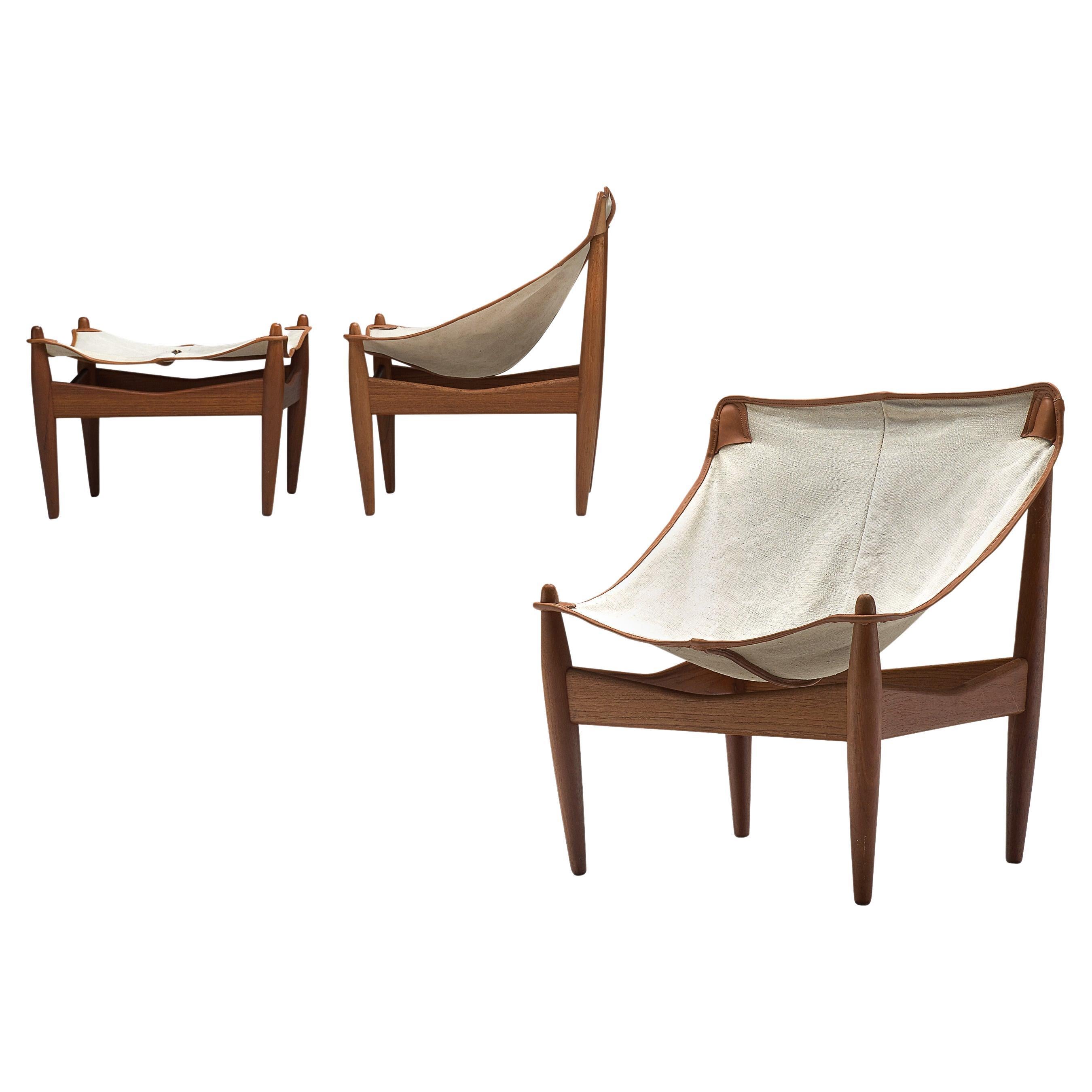 Illum Wikkelsø Set of Easy Chairs and Ottoman with Canvas Seats