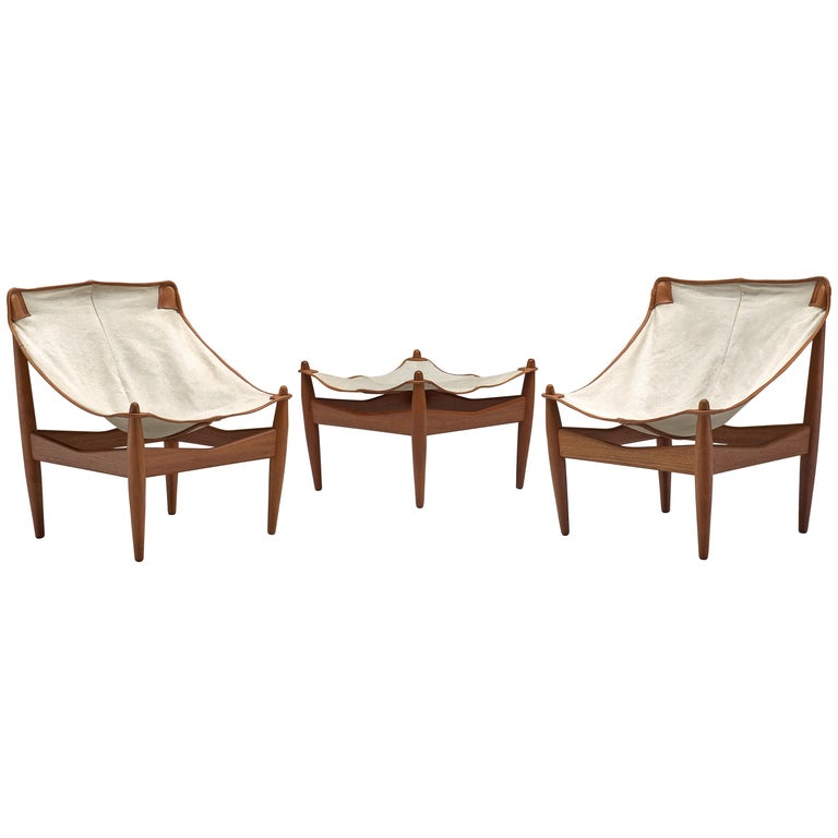 Illum Wikkelsø Set of Easy Chairs and Ottoman with Canvas Seats For