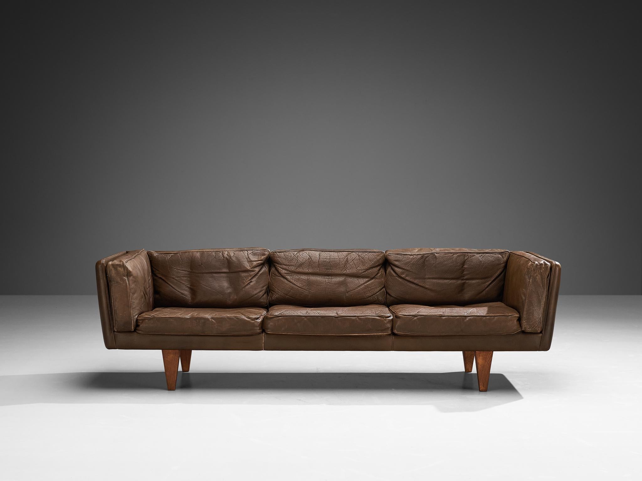 Danish Illum Wikkelsø Sofa in Brown Leather and Oak  For Sale