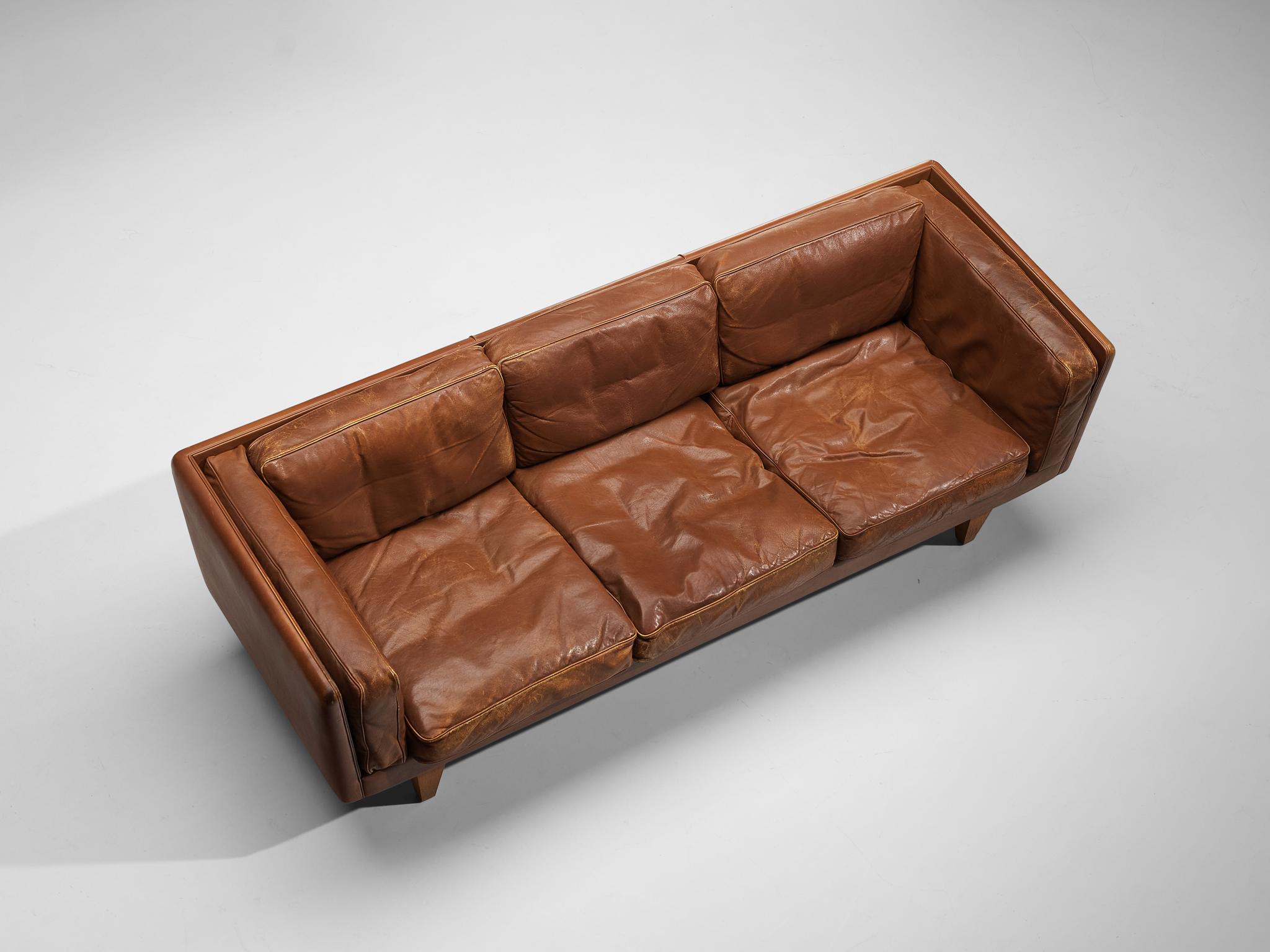 Danish Illum Wikkelsø Sofa in Cognac Brown Leather and Oak  For Sale