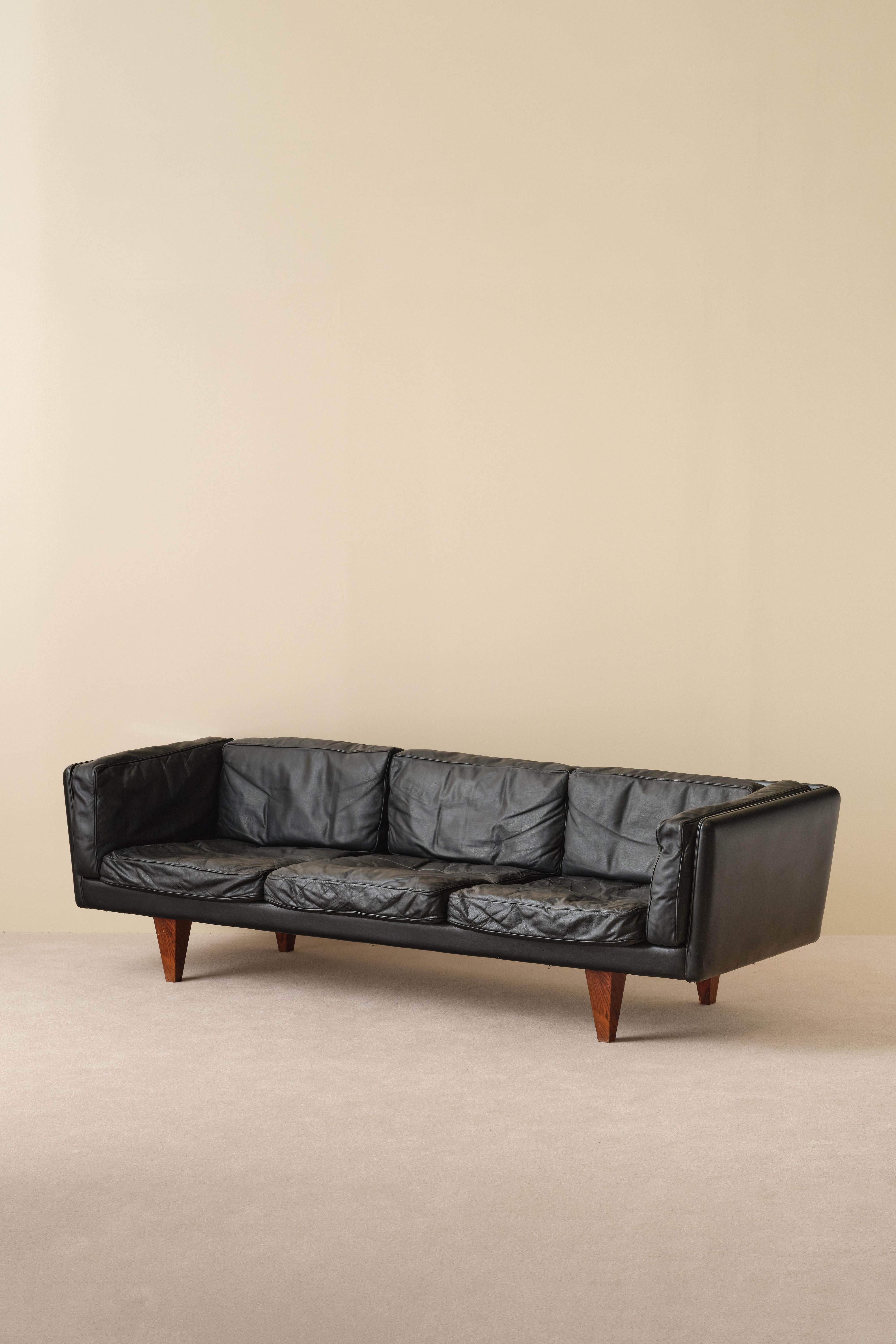Black Leather sofa model V11 by Illum Wikkelsø for Holger Christiansen, Denmark, 1960s.