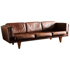 Illum Wikkelsø Sofa V11 in Brown Leather for Holger Christiansen, Denmark, 1960s