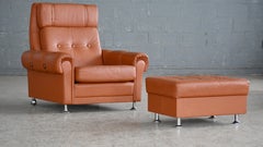 Illum Wikkelsø Style Leather Lounge Chair with Ottoman Cognac Colored Leather