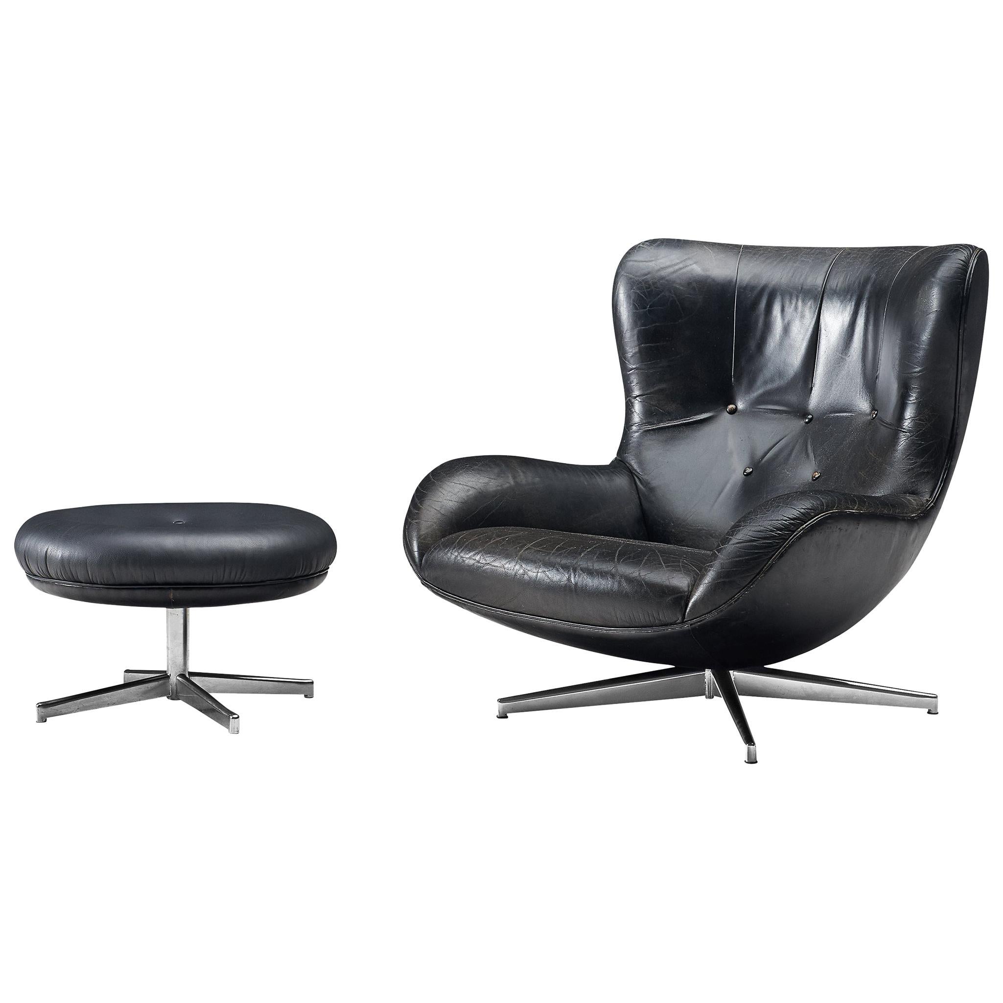 Illum Wikkelsø Swivel Leather Lounge Chair with Ottoman, 1960s