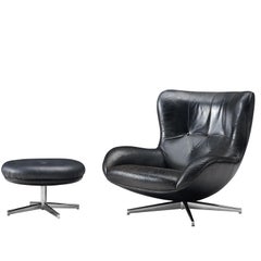 Illum Wikkelsø Drehbarer Ledersessel mit Ottomane, 1960er Jahre