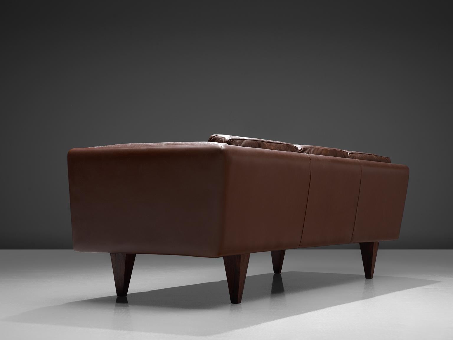 Scandinavian Modern Illum Wikkelsø Three-Seat Sofa 'V11' in Brown Leather
