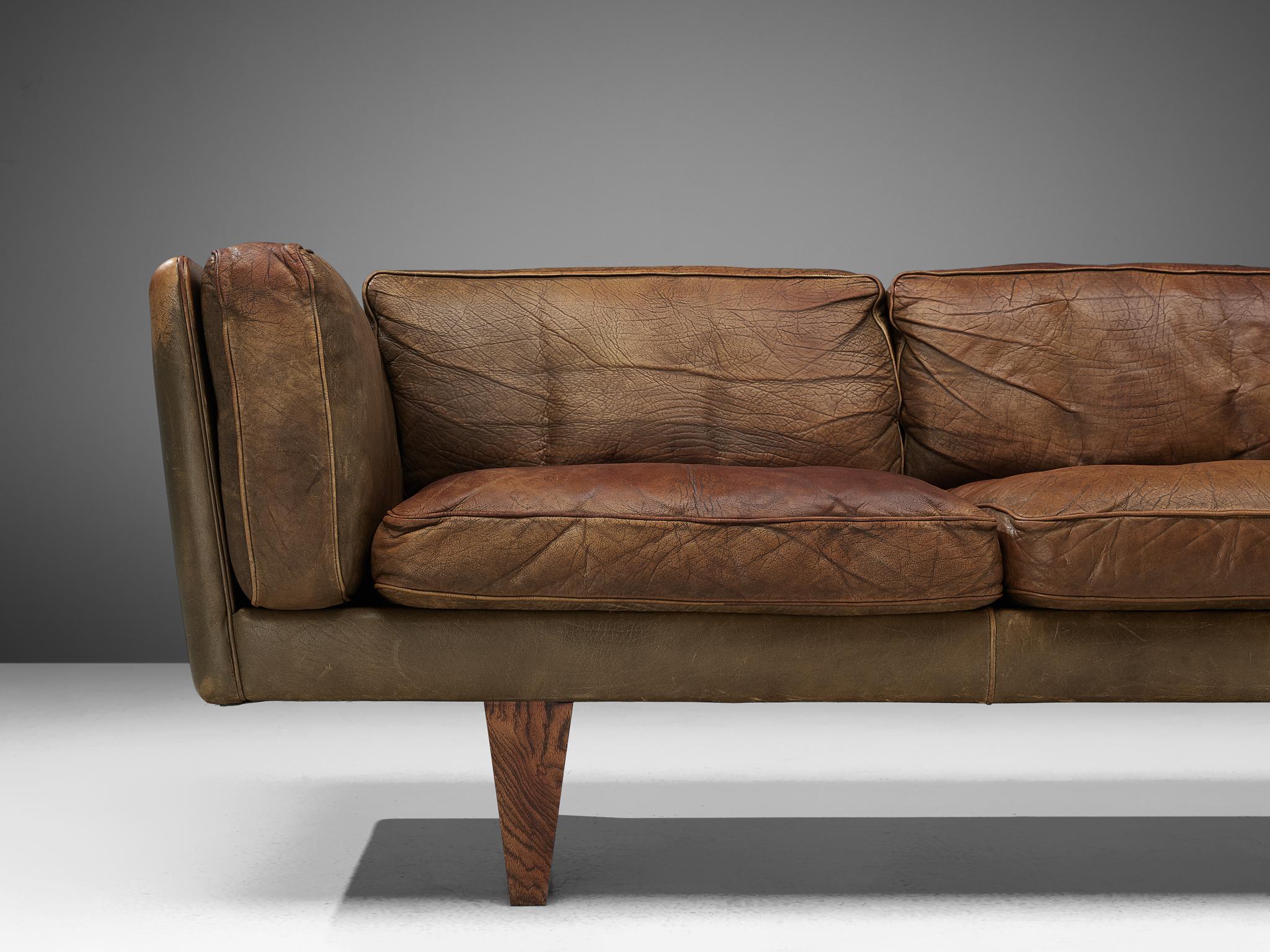 Danish Illum Wikkelsø Three-Seat Sofa 'V11' in Brown Leather