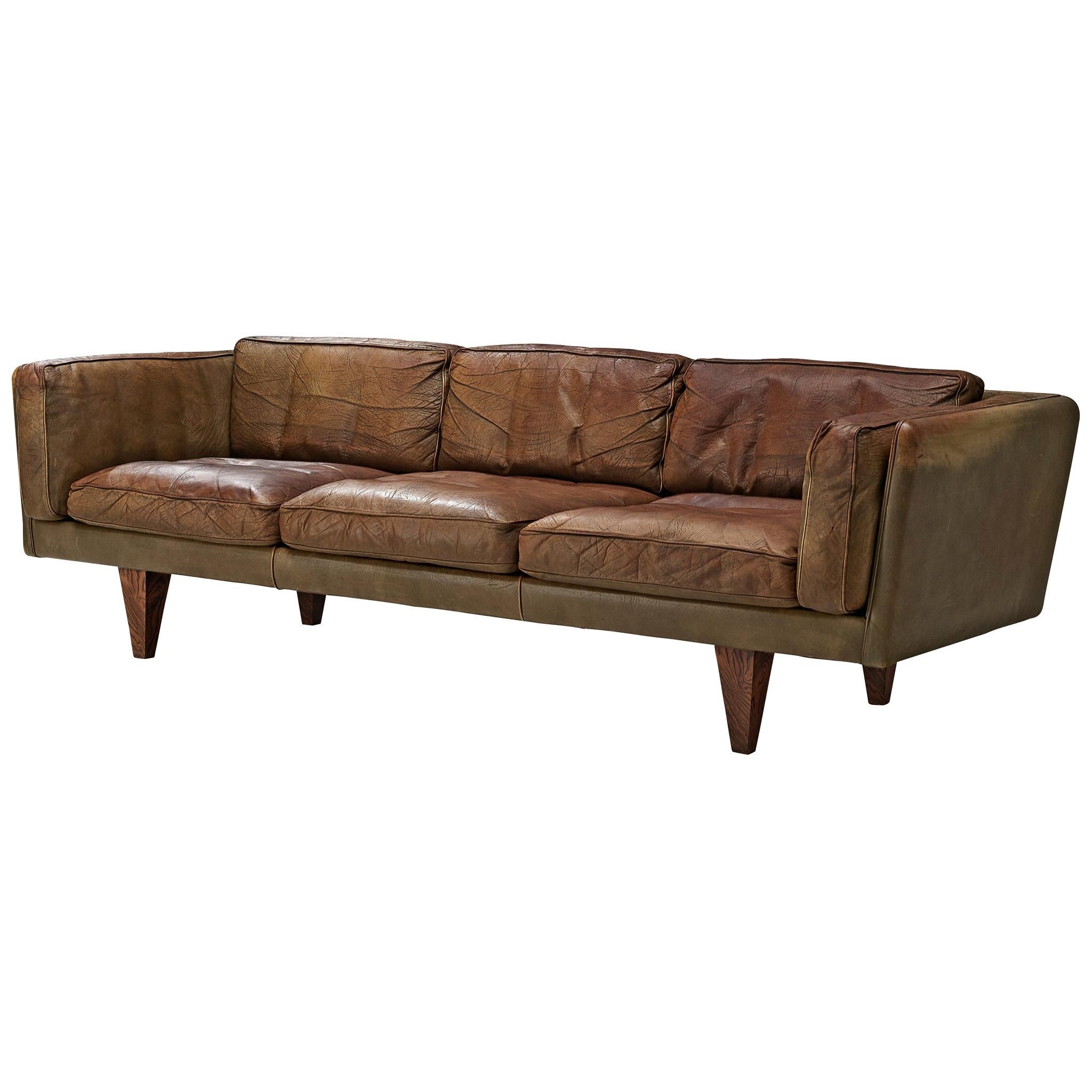 Illum Wikkelsø Three-Seat Sofa 'V11' in Brown Leather