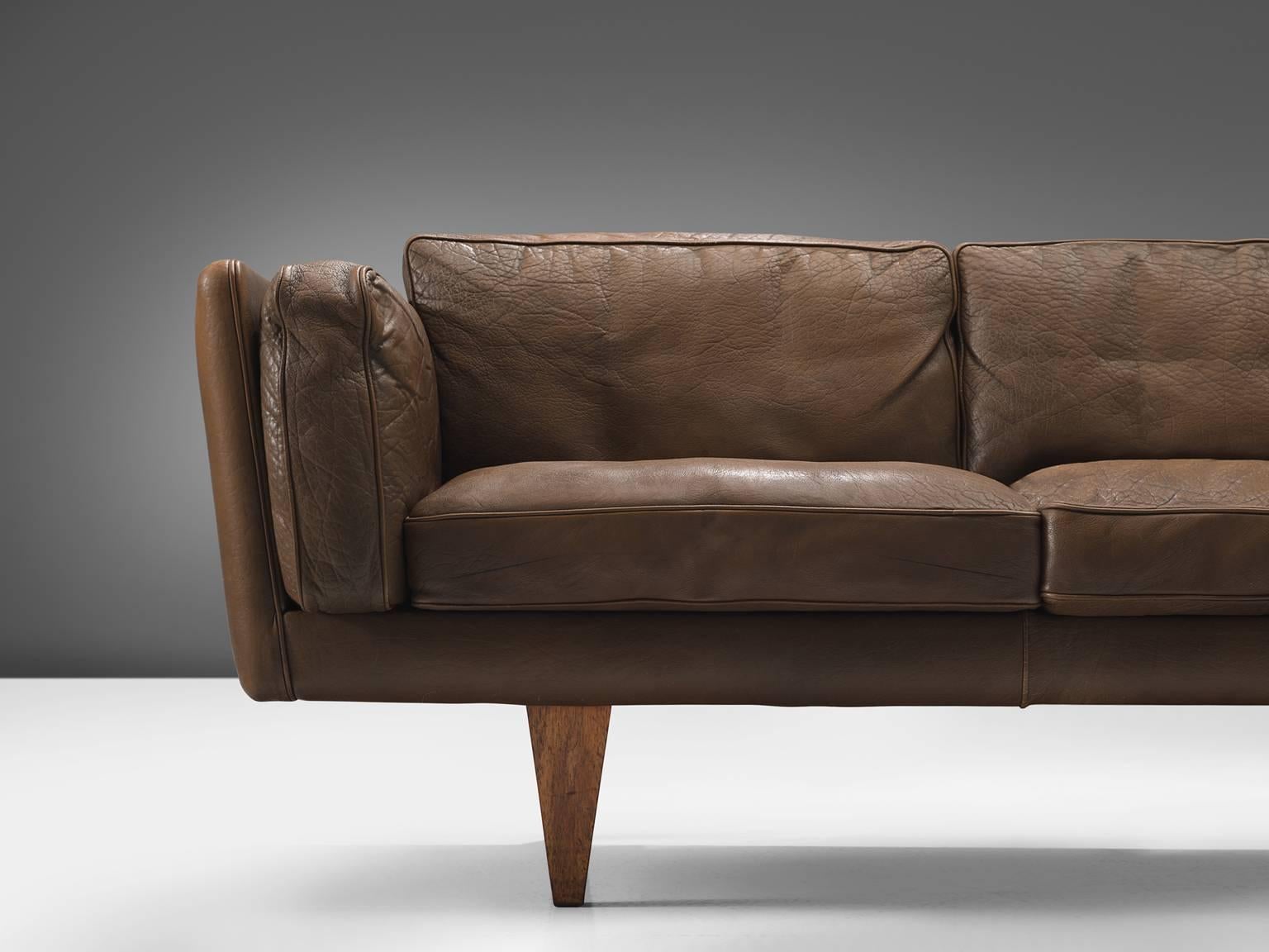 Danish Illum Wikkelsø Three-Seat Sofa 'V11' in Light Brown Leather