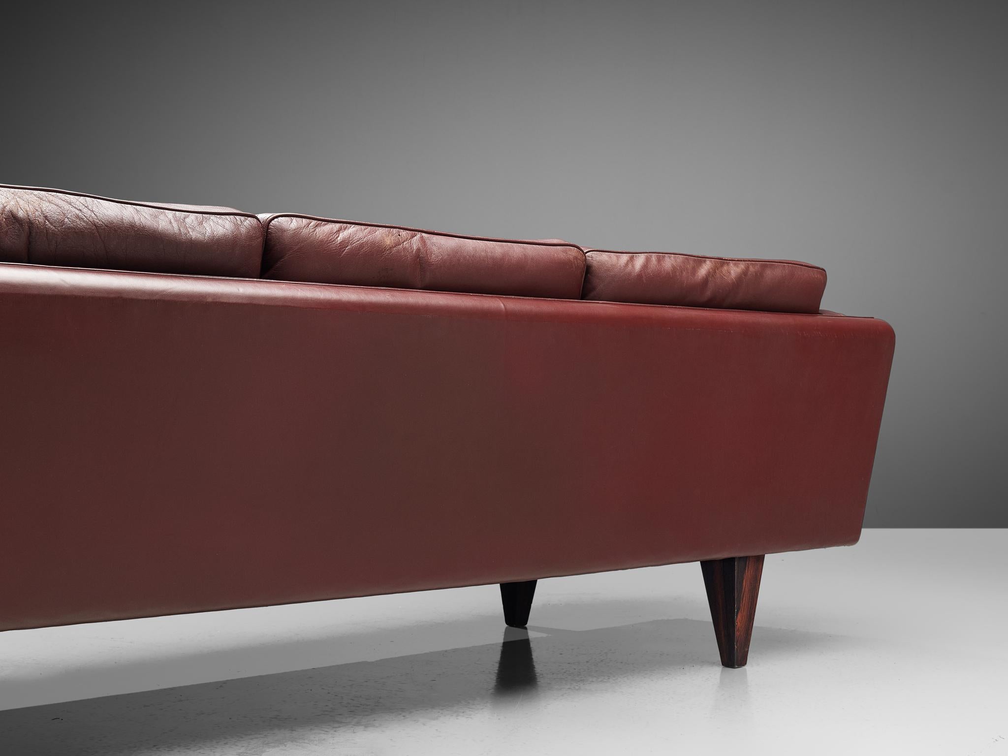 Illum Wikkelsø Three-Seat Sofa in Burgundy Leather Fully Restored 5