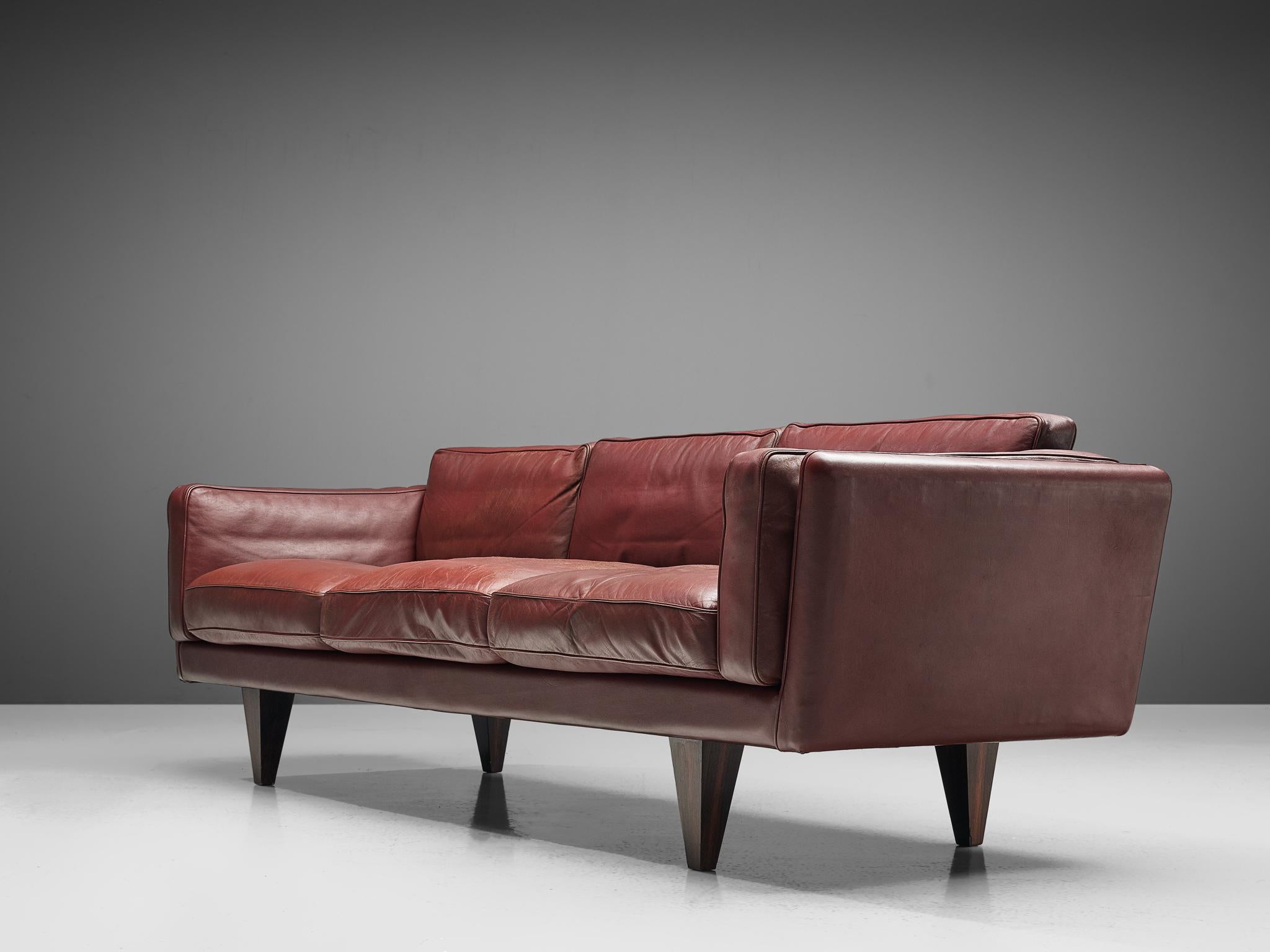 Danish Illum Wikkelsø Three-Seat Sofa in Burgundy Leather Fully Restored