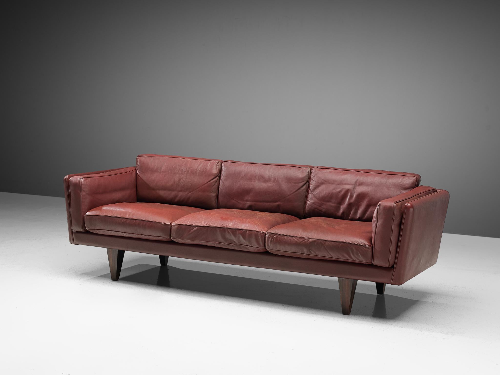 Mid-20th Century Illum Wikkelsø Three-Seat Sofa in Burgundy Leather Fully Restored