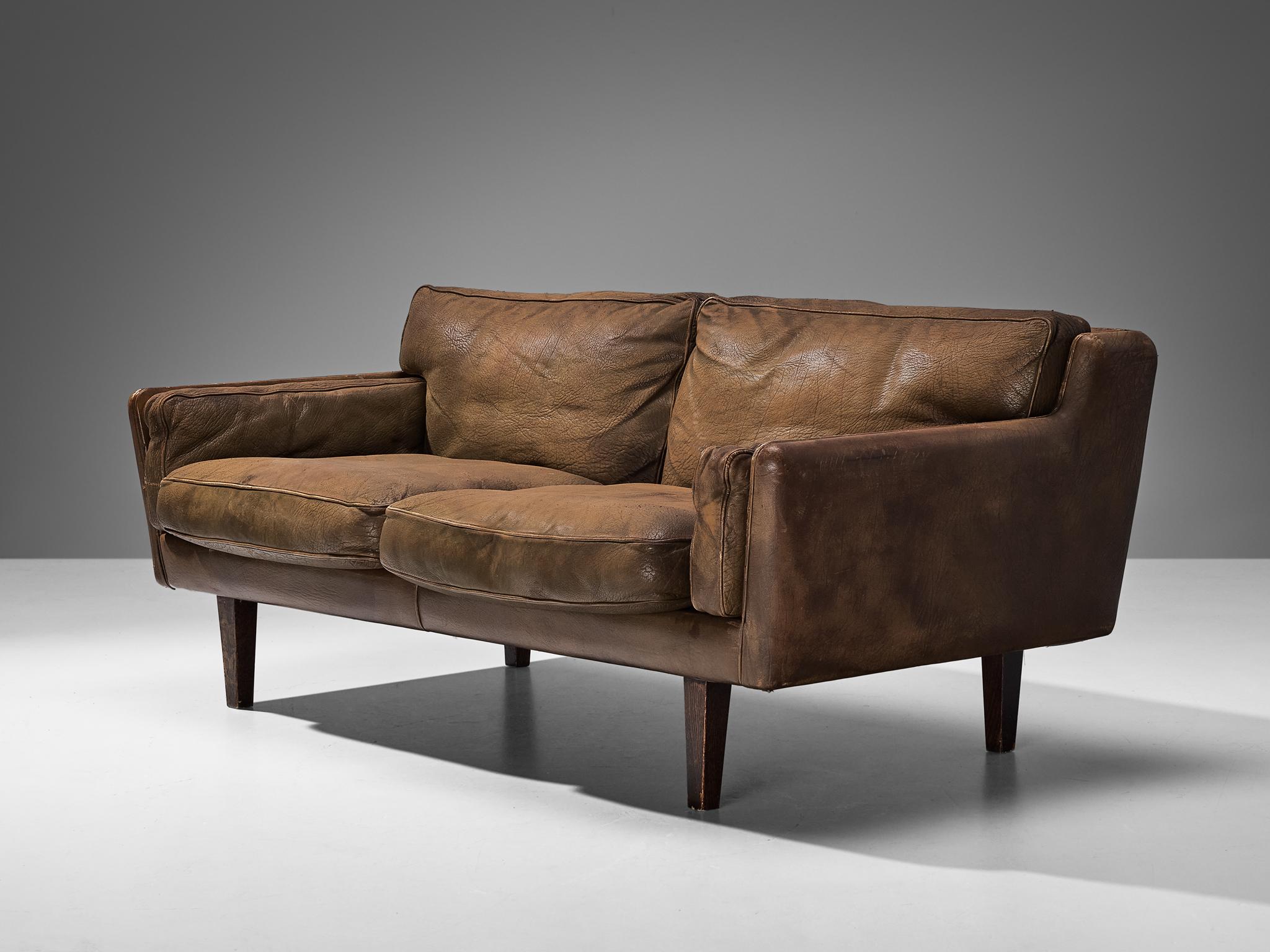 Scandinavian Modern Illum Wikkelsø Two-Seat Sofa in Brown Leather  For Sale