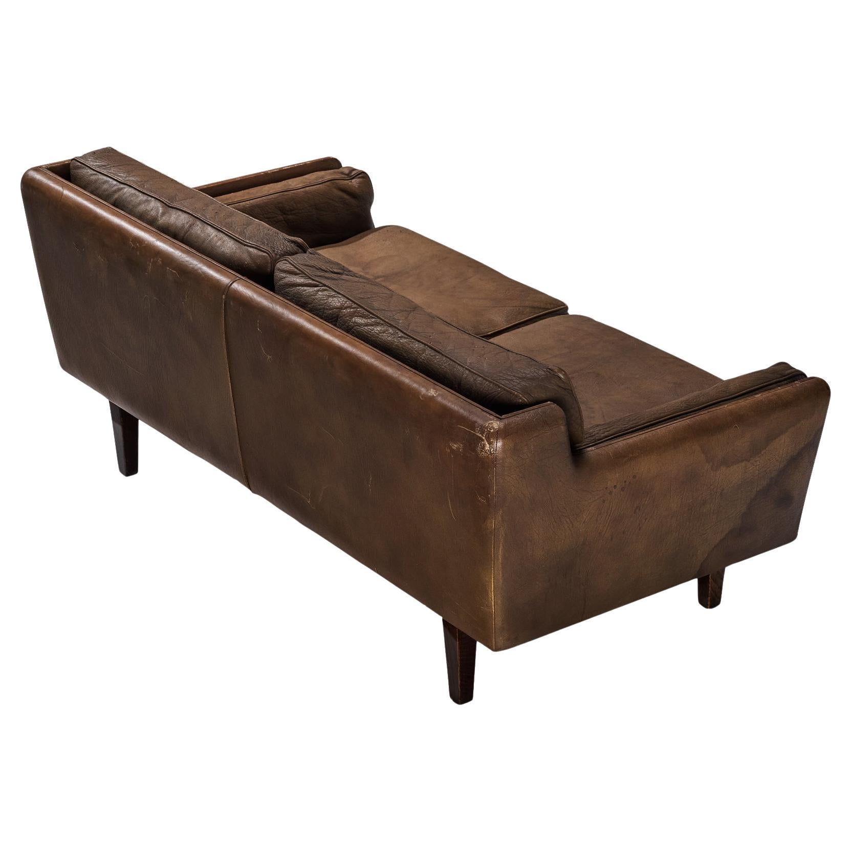 Illum Wikkelsø Two-Seat Sofa in Brown Leather  For Sale