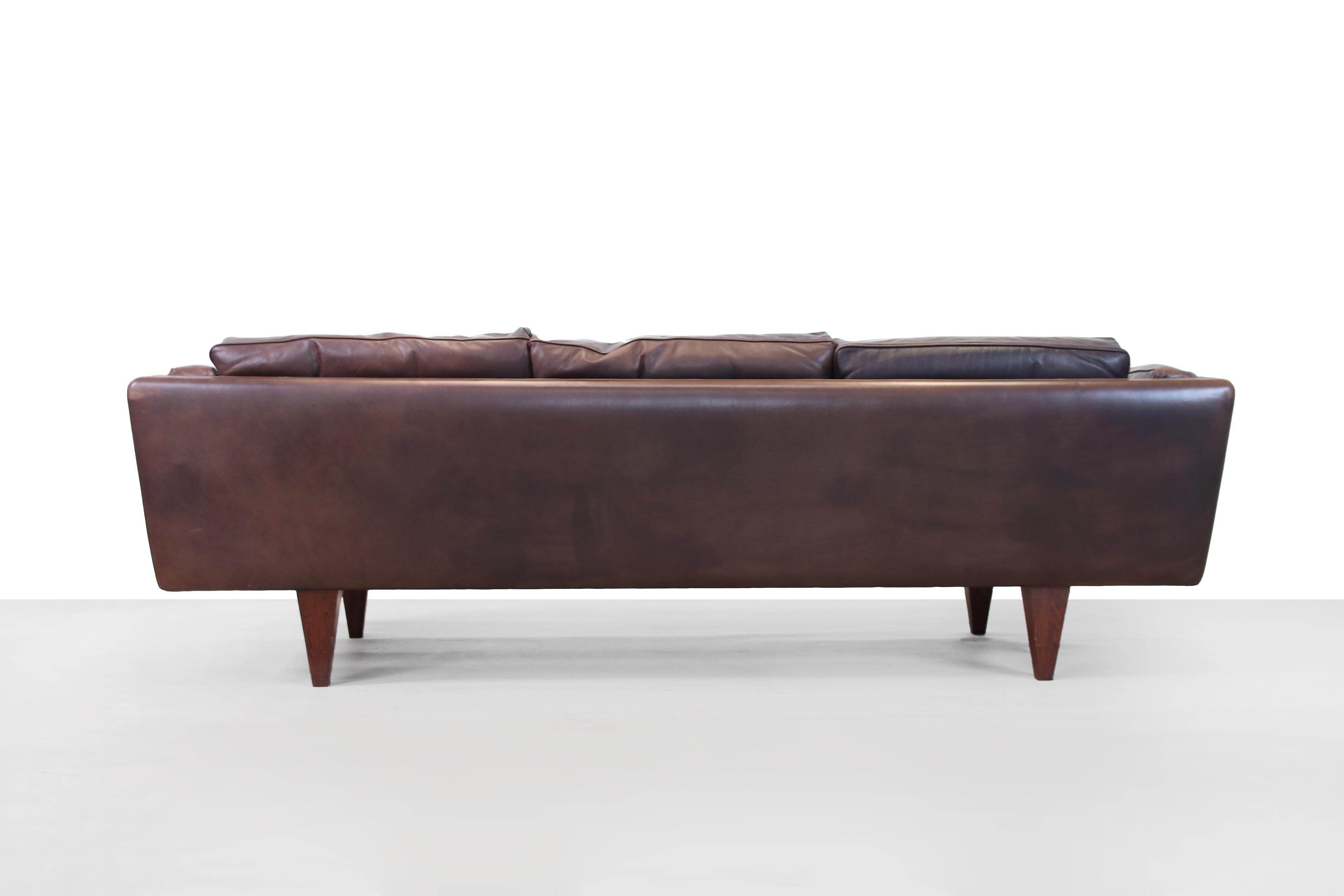 Danish Illum Wikkelsø V11 Brown Leather Three-seat Sofa for Holger Christiansen, 1960s