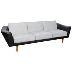 Vintage Illum Wikkelso Black Leather and Grey Wool Cushion Three-Seat Sofa, Denmark