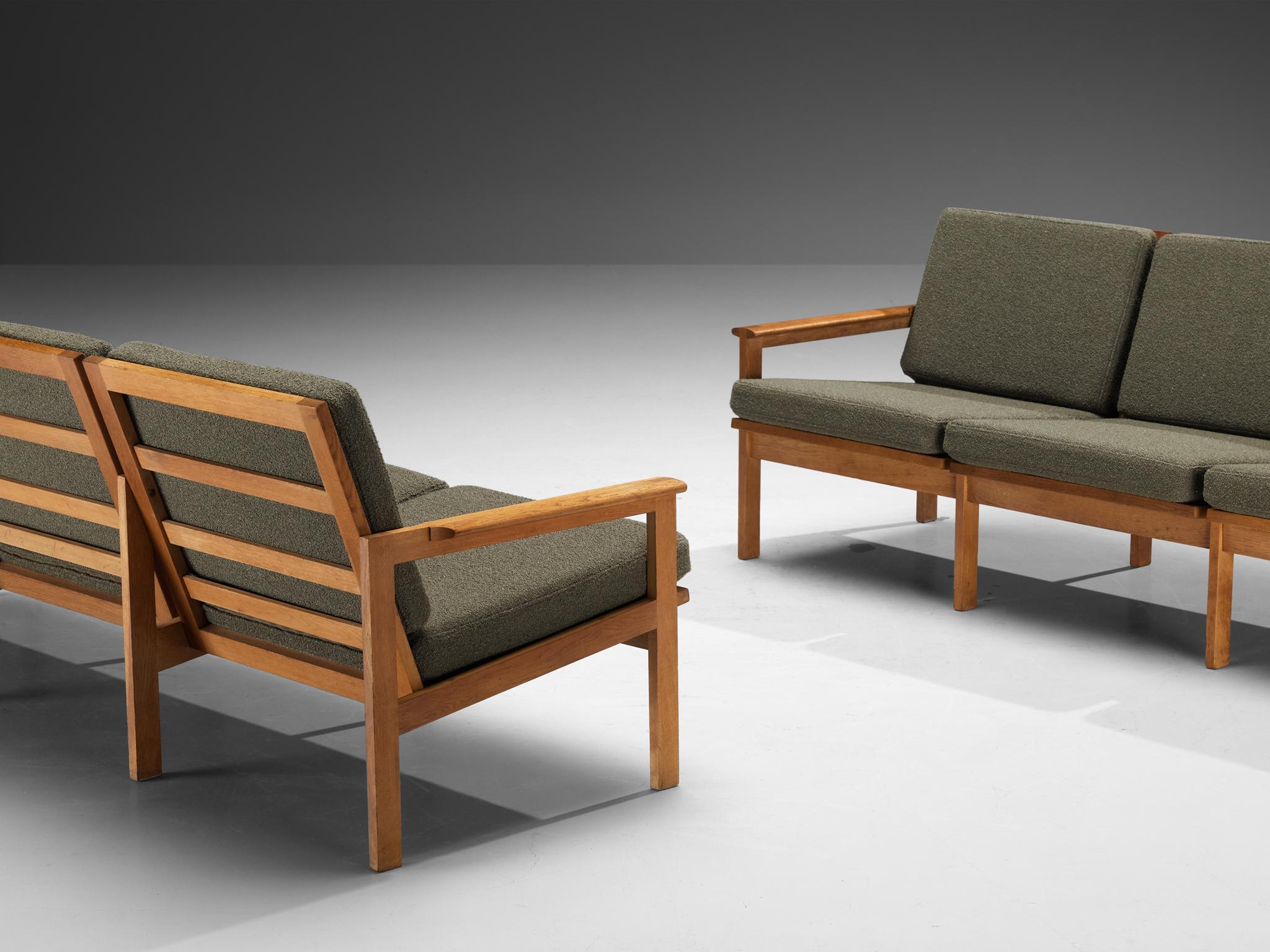Scandinavian Modern Illum Wikkelso 'Capella' Three Seat Sofas in Oak & Forest Green Cushions