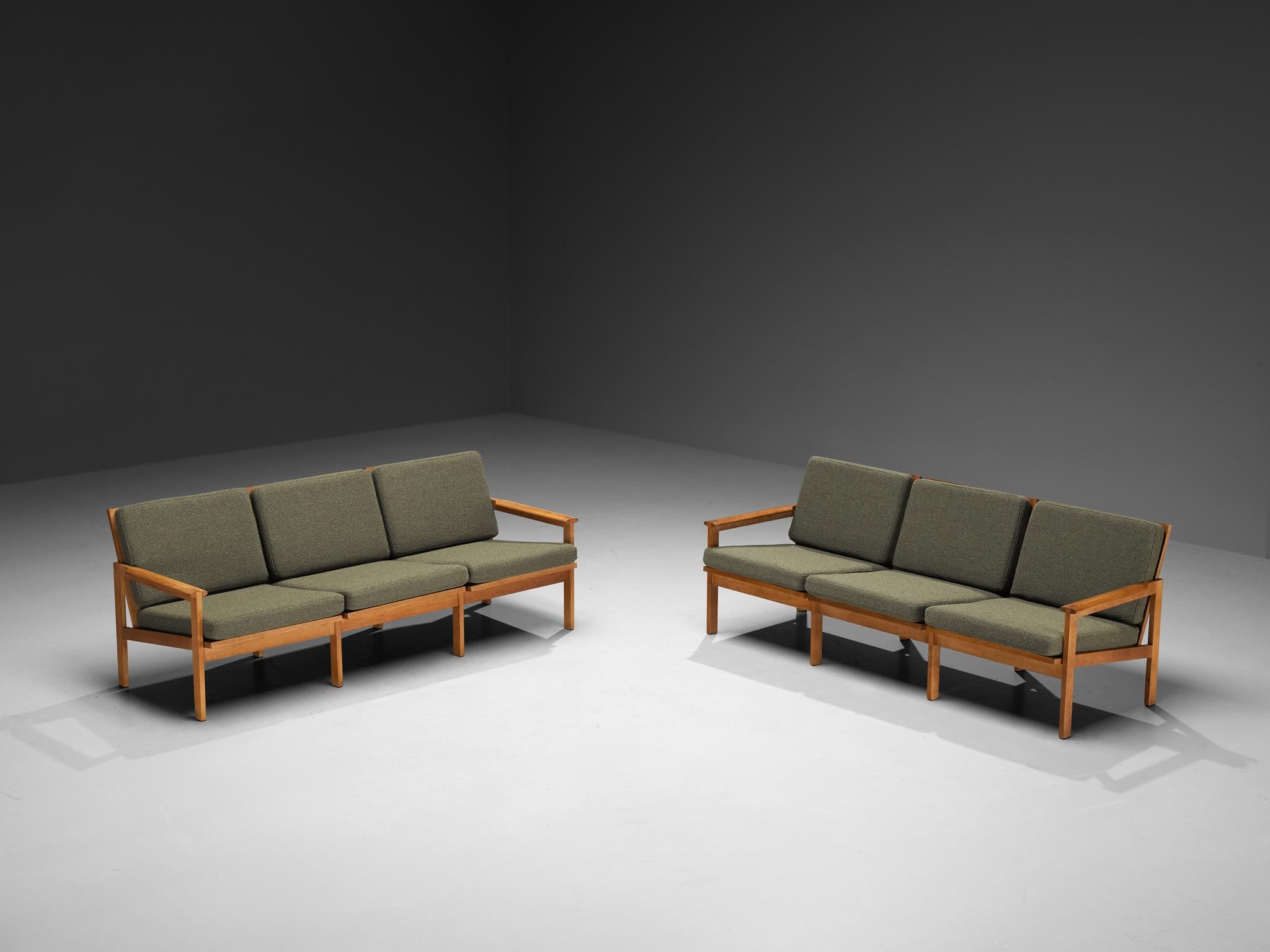 Danish Illum Wikkelso 'Capella' Three Seat Sofas in Oak & Forest Green Cushions