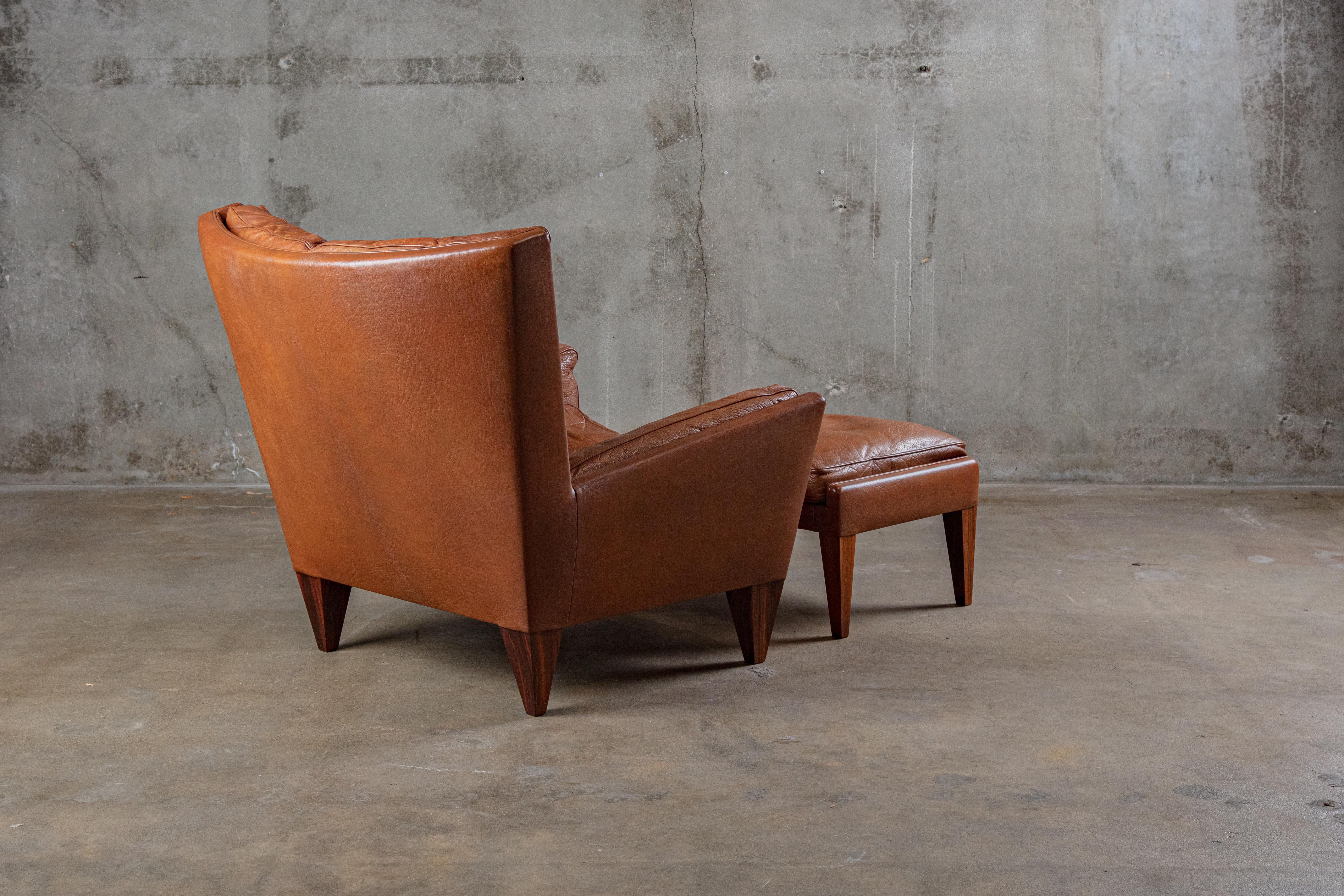 Denmark: Illum Wikkelso lounge chair and ottoman upholstered in brown leather, all original, 1950s

Ottoman: 13