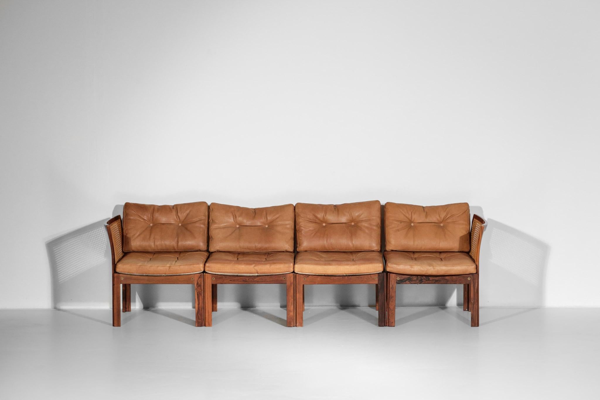 Illum Wikkelso Leather Sofa in Rosewood and Woven Rattan Cane For Sale 6