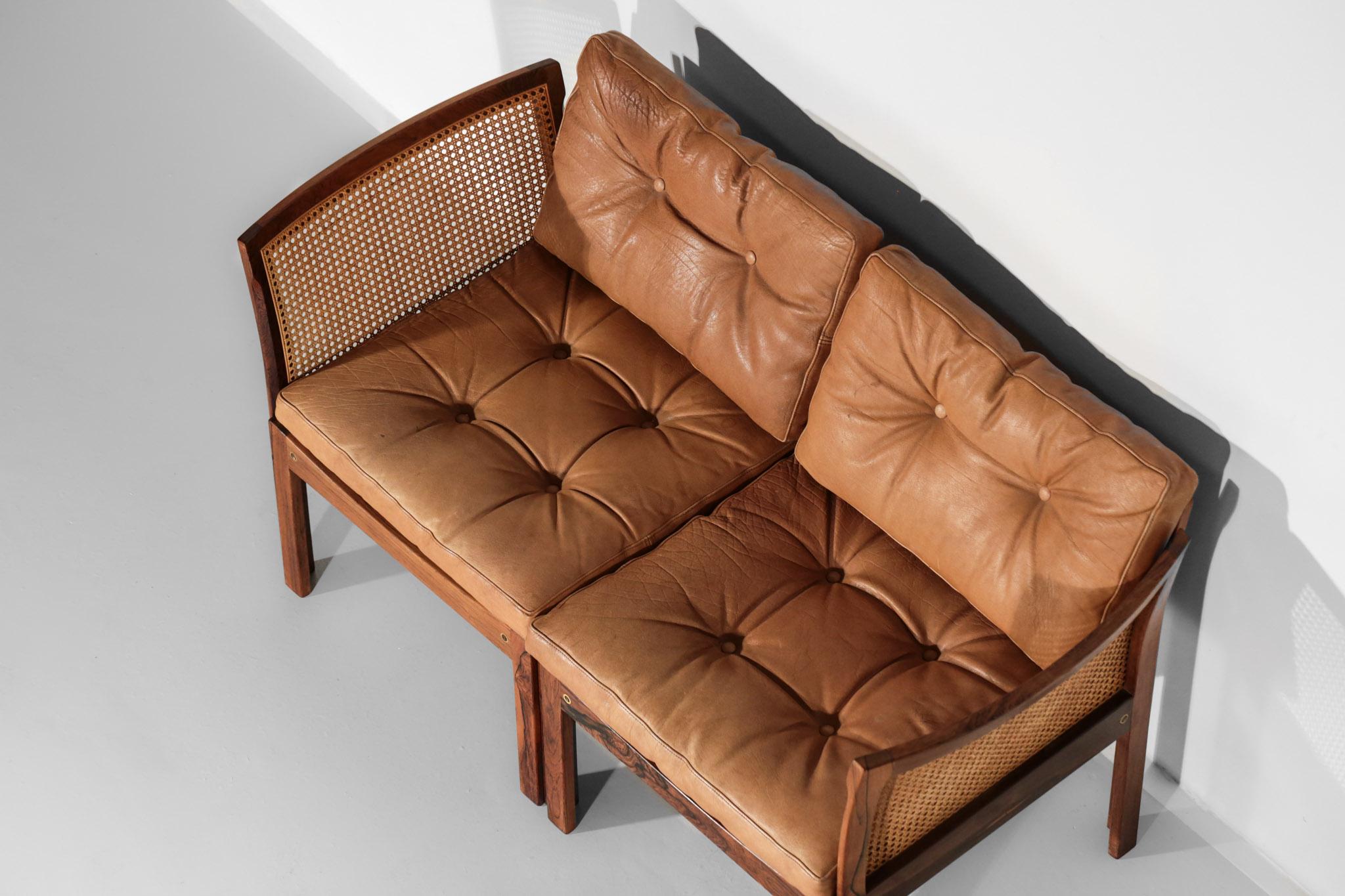 Illum Wikkelso Leather Sofa in Rosewood and Woven Rattan Cane For Sale 9