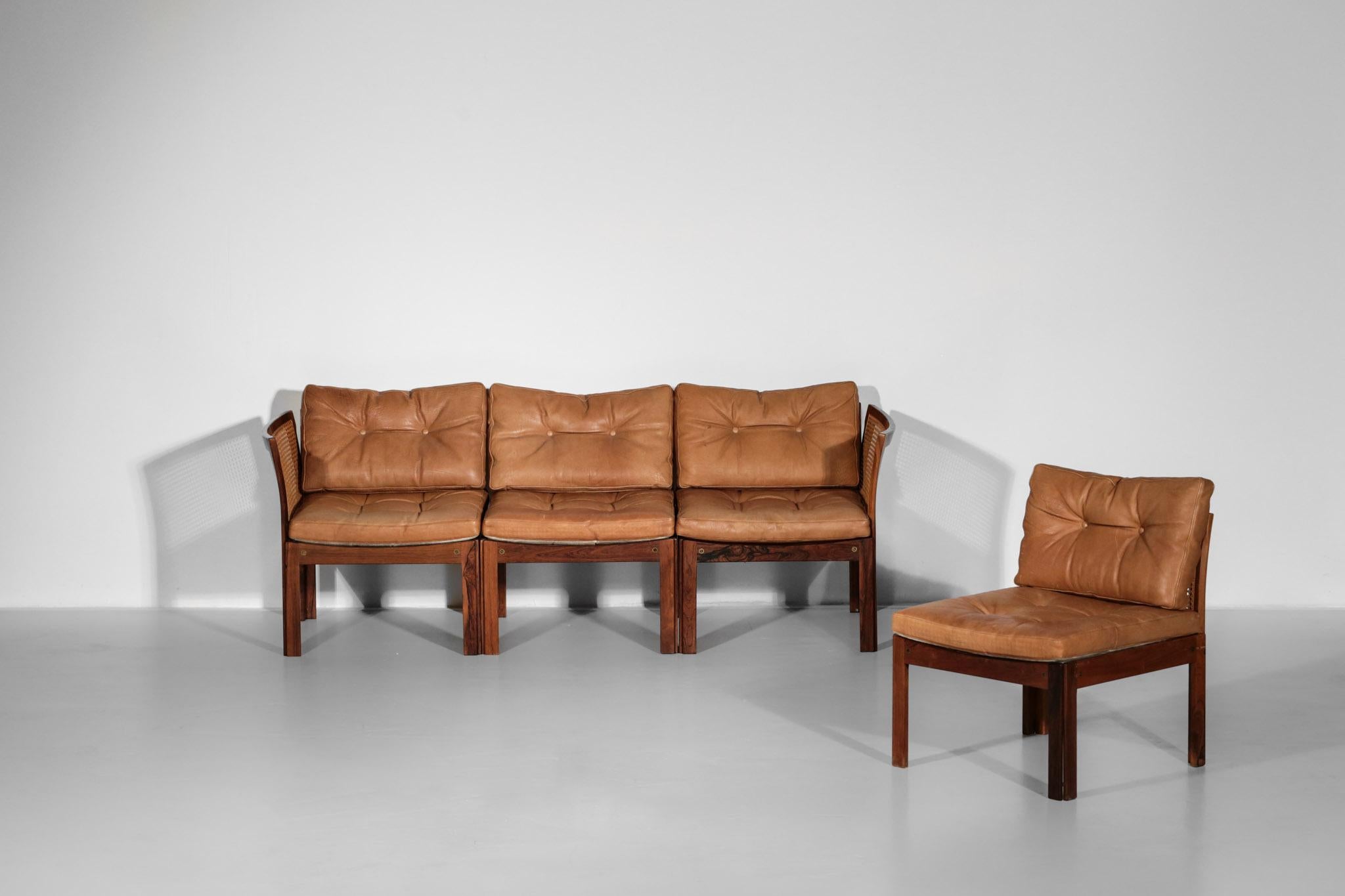 Illum Wikkelso Leather Sofa in Rosewood and Woven Rattan Cane For Sale 9