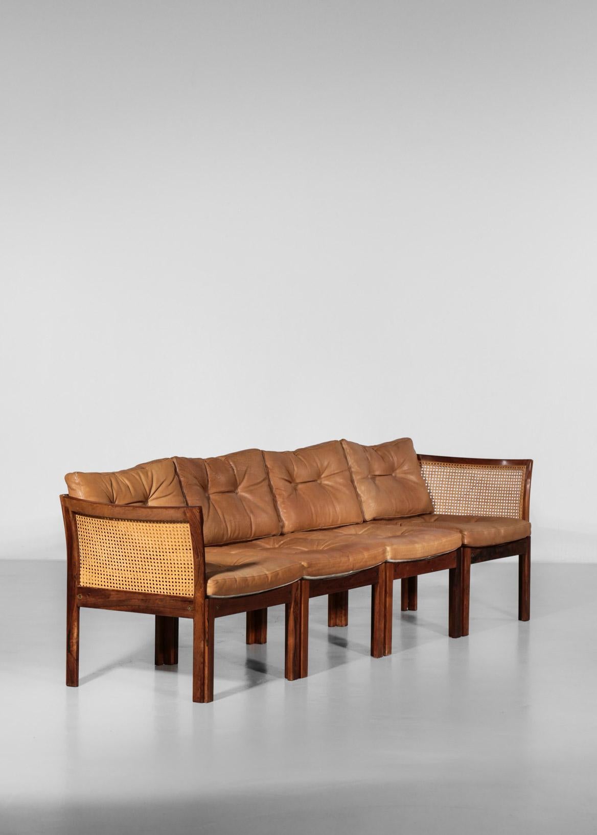 Illum Wikkelso Leather Sofa in Rosewood and Woven Rattan Cane For Sale 13