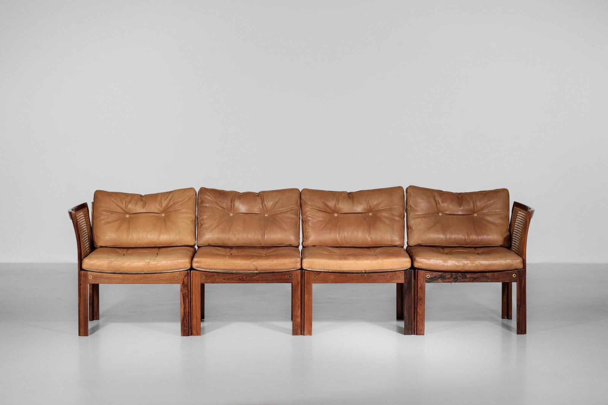 Danish Illum Wikkelso Leather Sofa in Rosewood and Woven Rattan Cane For Sale