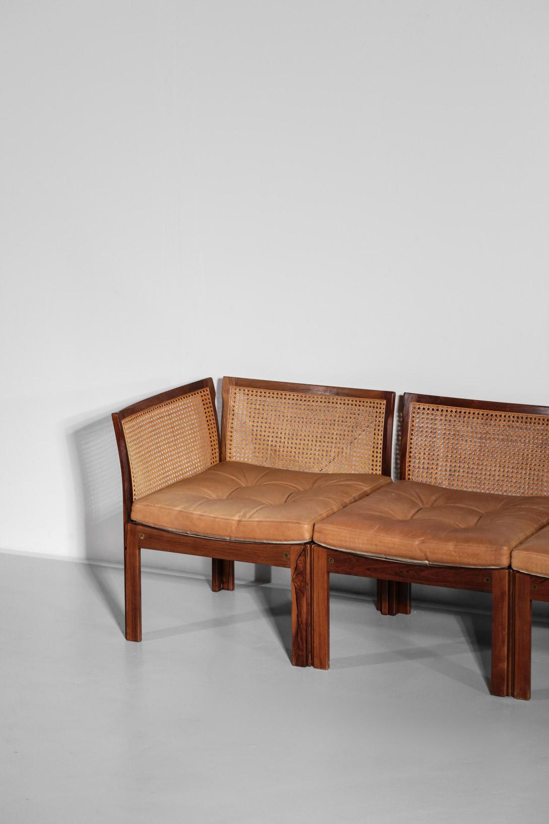 Mid-20th Century Illum Wikkelso Leather Sofa in Rosewood and Woven Rattan Cane For Sale