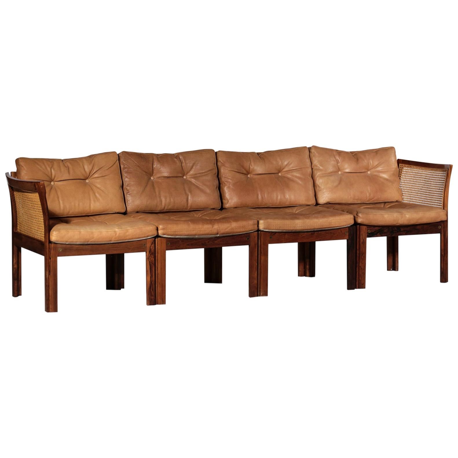 Illum Wikkelso Leather Sofa in Rosewood and Woven Rattan Cane For Sale
