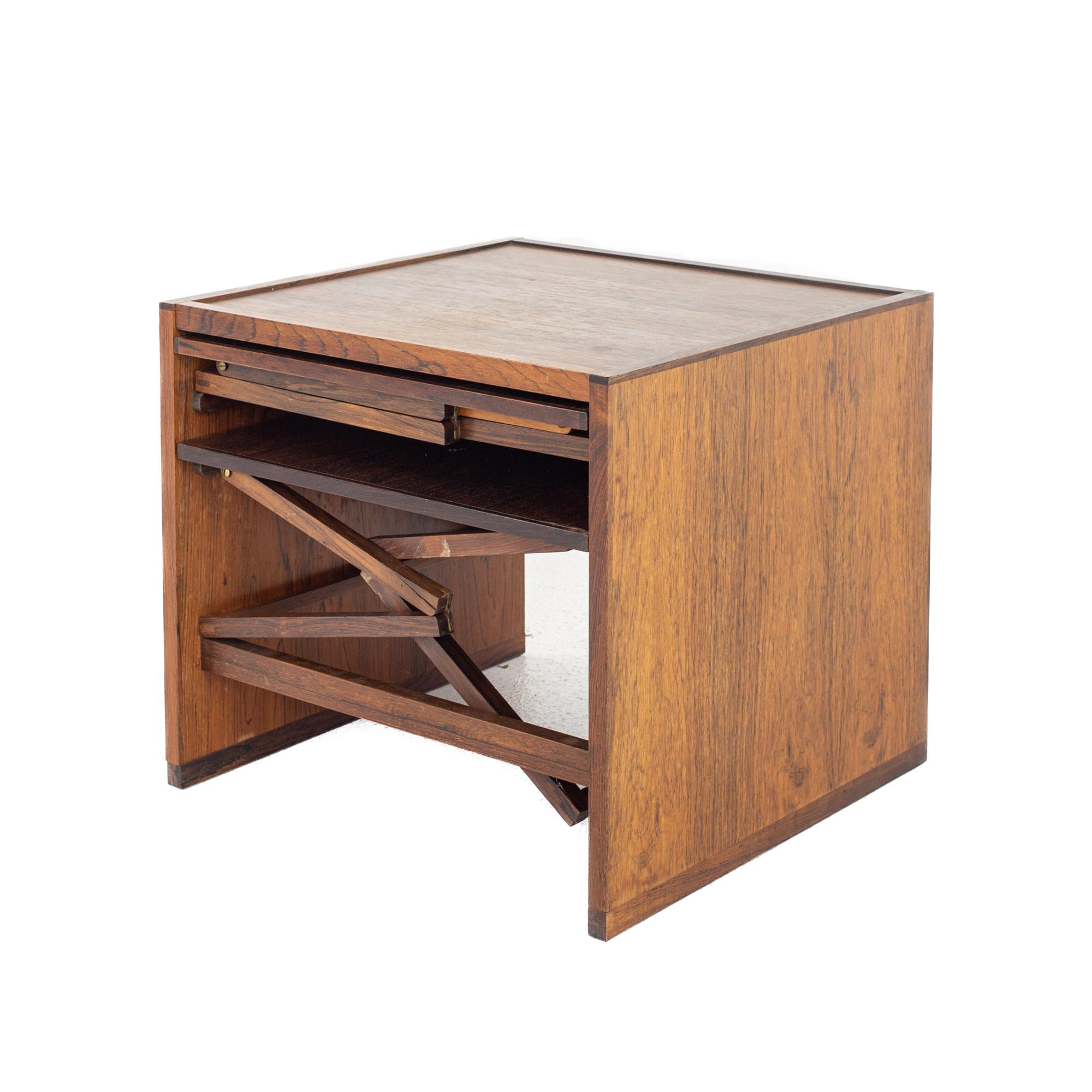 Late 20th Century Illum Wikkelso Mid Century Rosewood Folding Snack Table Set For Sale