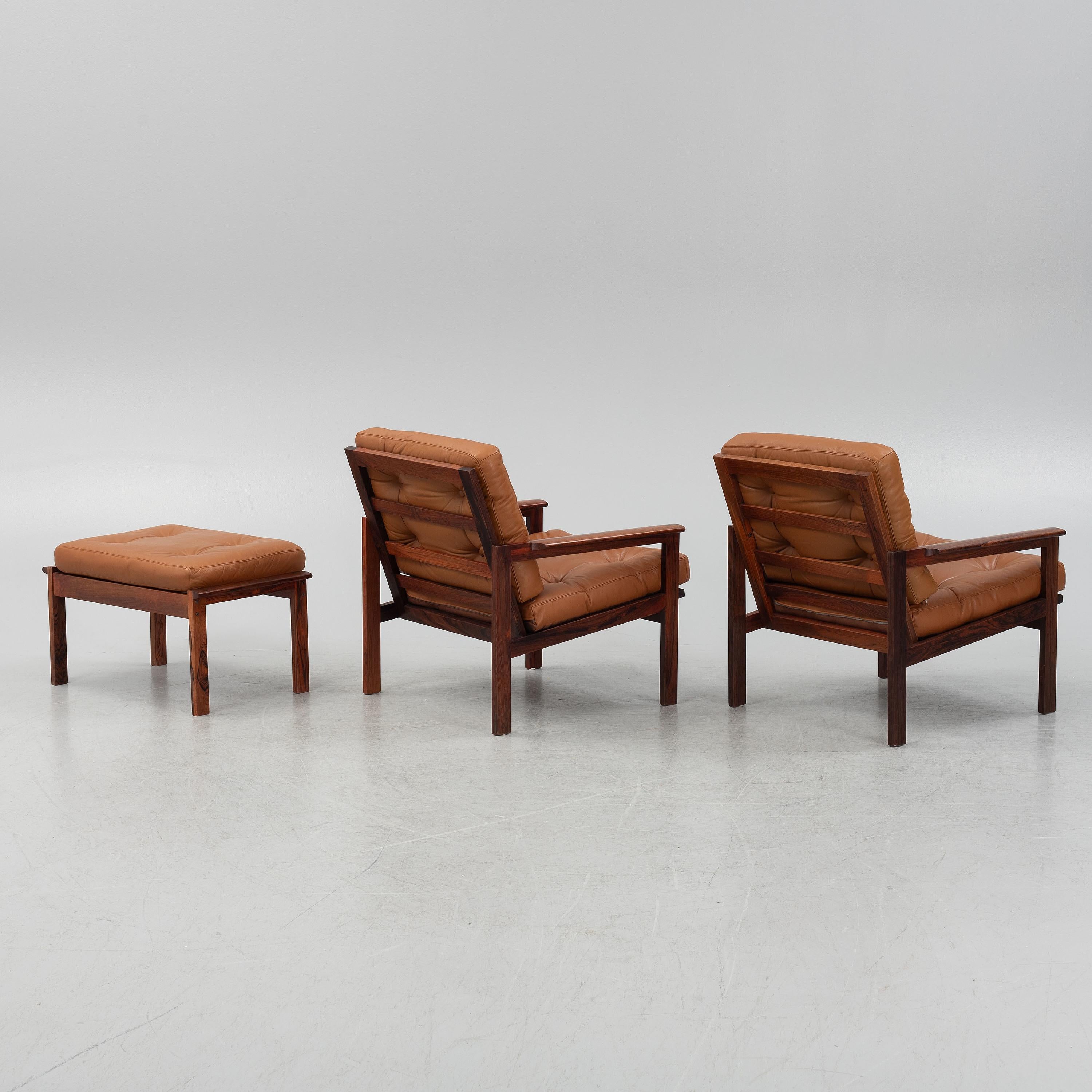 Danish Illum Wikkelso pair of 'Capella'  armchairs with pouf Denmark 1960 For Sale