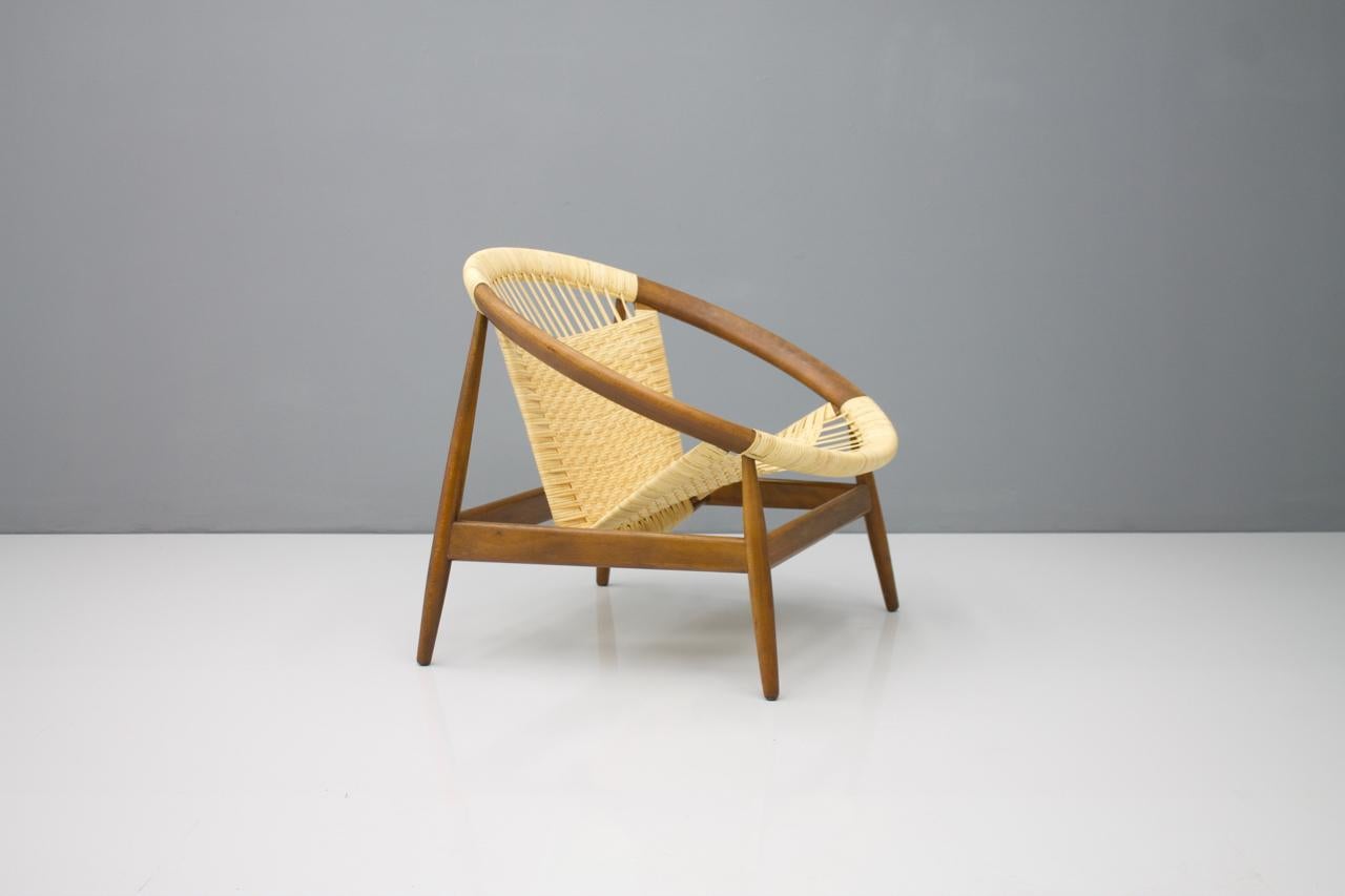 Mid-20th Century Illum Wikkelso Ringstol Lounge Chair by Niels Eilersen Denmark, 1950s