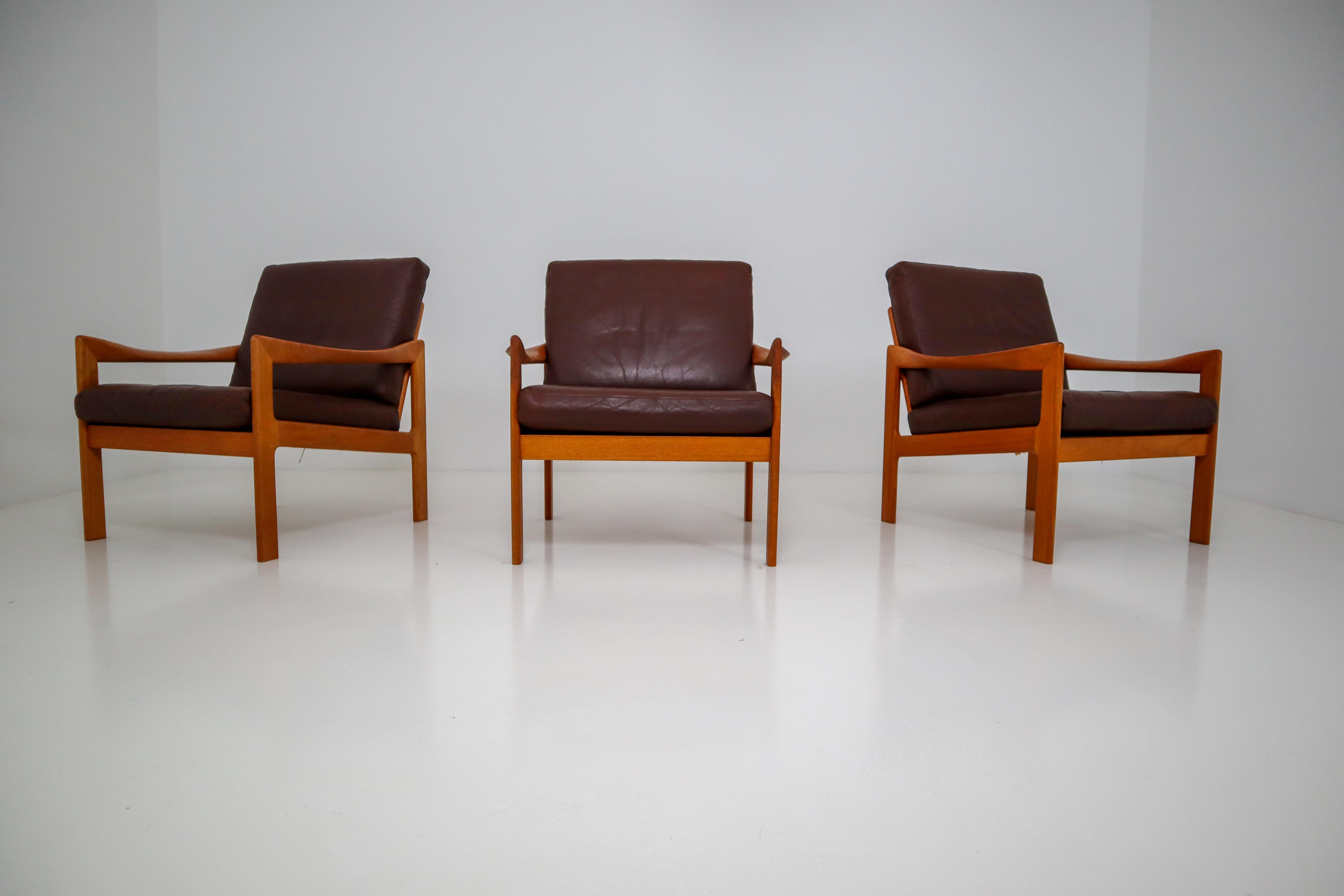 Leather Illum Wikkelso Three-Seat Teak Sofa, Danish, 1960s, Produced by Eilersen
