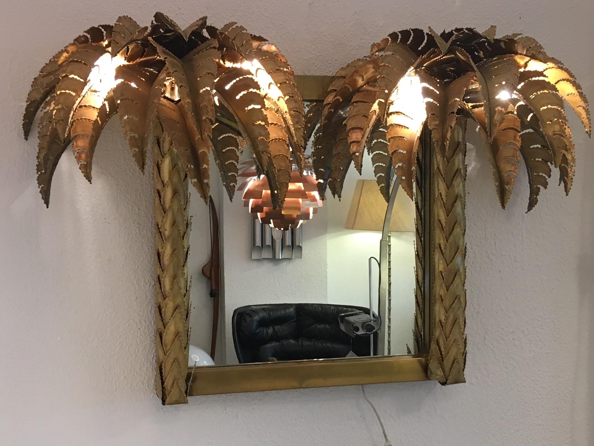 Illuminated Brass Palm Tree Mirror In Good Condition In Geneva, CH