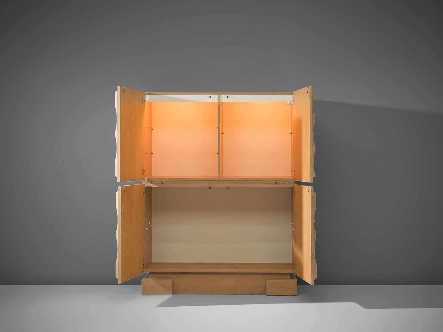 Illuminated Brutalist High Cabinet with Structured Oak Doors 5