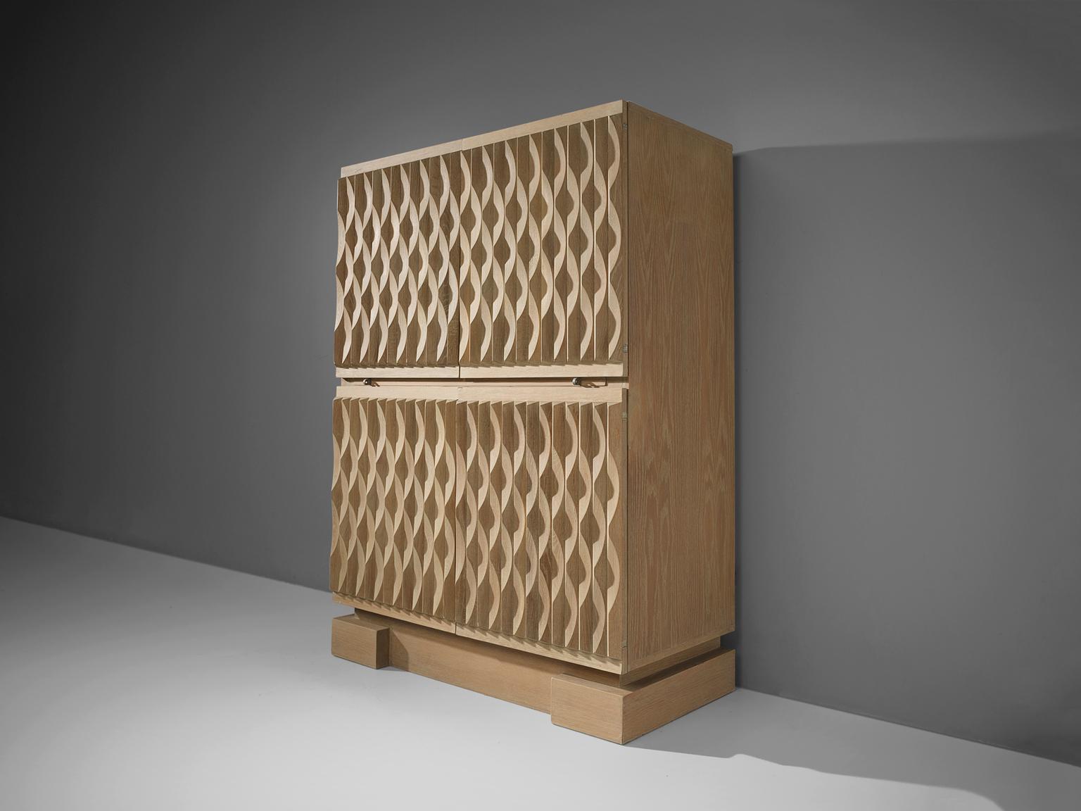 Illuminated Brutalist High Cabinet with Structured Oak Doors In Good Condition In Waalwijk, NL