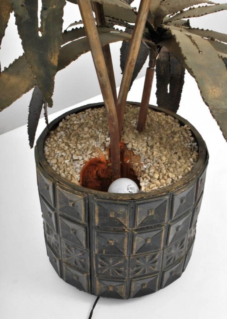 Welded Illuminated Brutalist Palm Tree Sculpture in Paul Evans Style Pot, circa 1970