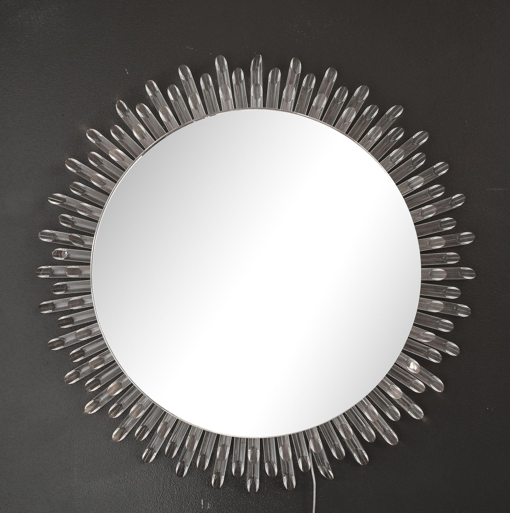 Lucite Illuminated Circular Sunburst Mirror For Sale