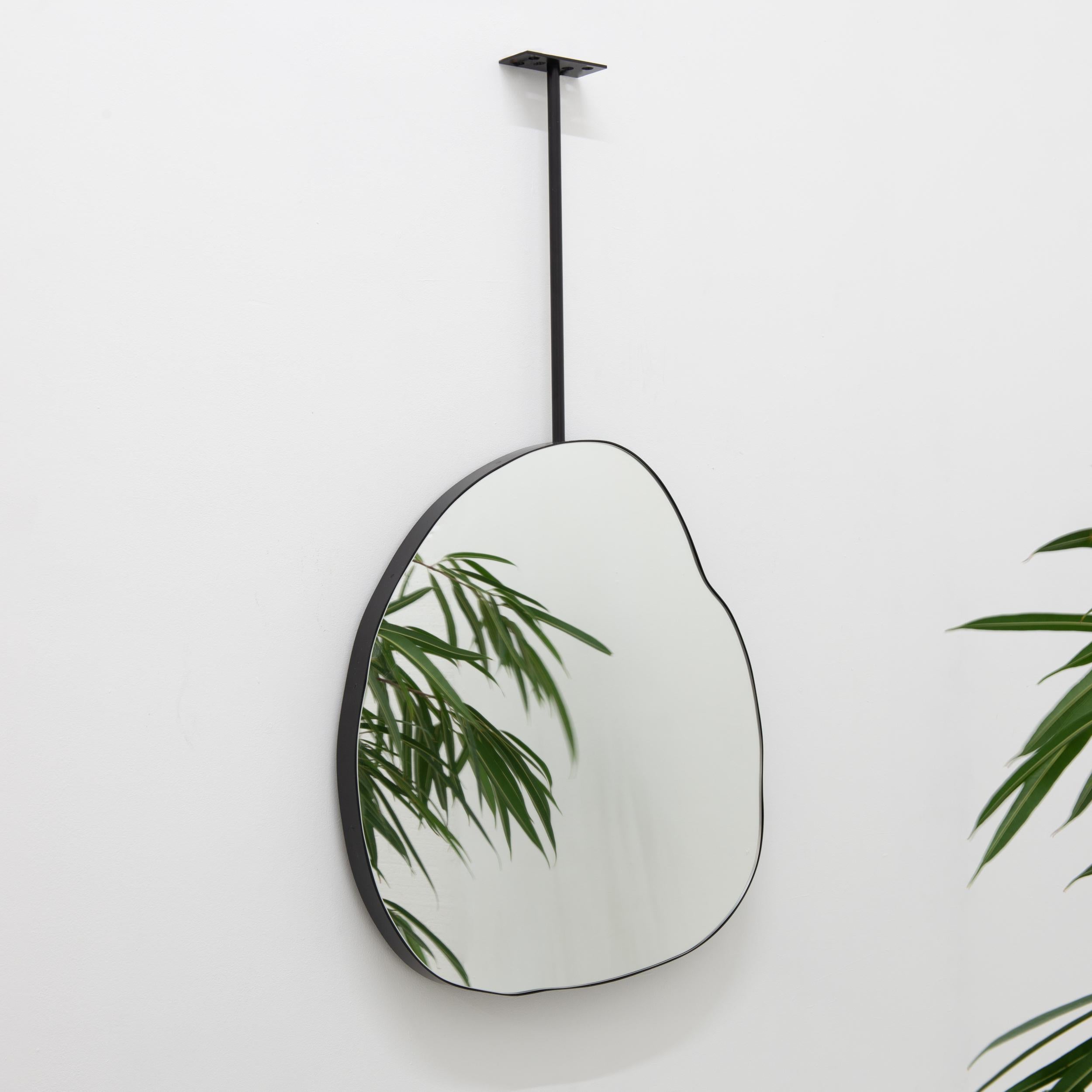 British Illuminated Ergon Ceiling Suspended Organic Irregular Mirror, Modern Black Frame For Sale
